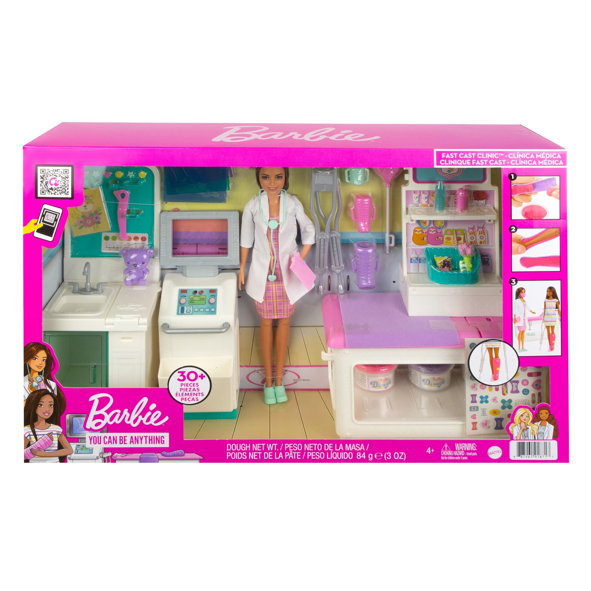Barbie GTN61 - Wracaj do zdrowia wkrótce, zestaw szpitalny z brunetką lalką Barbie, 4 obszary zabaw, ponad 30 elementów, zabawka od 4 lat