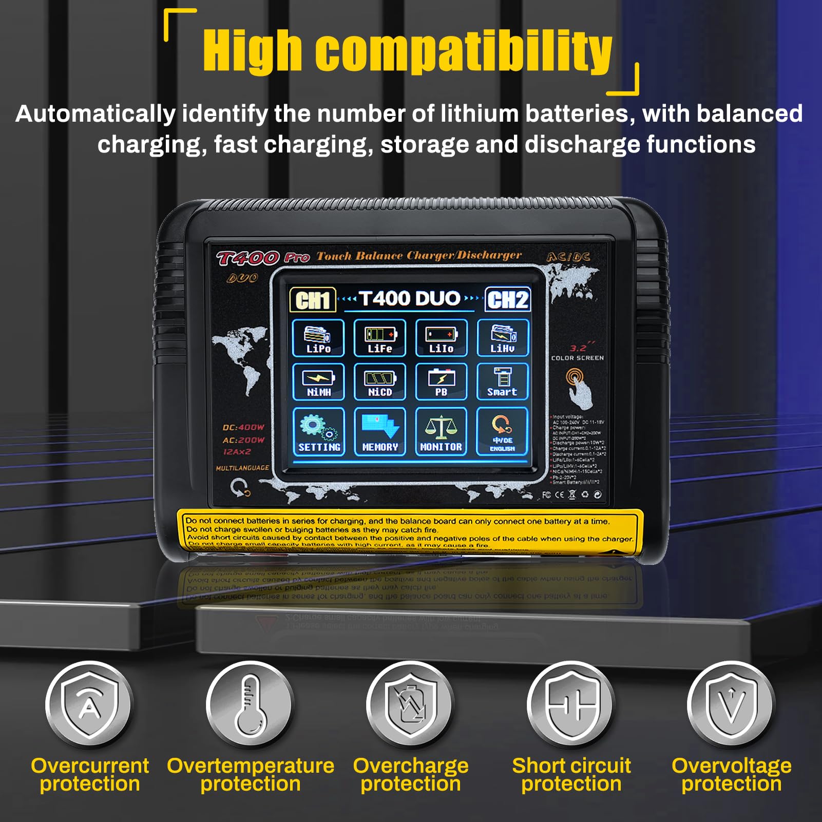 Caricabatterie lipo RC Batteria equalizer Ricarica doppia DC/AC 11-18V 400W 100-240V 200W Rilevamento Auto LiPo/Lilon/Life/NiMH/NiCd/PB/NiMH Touchscreen LCD 3,2 pollici 12A (T400)