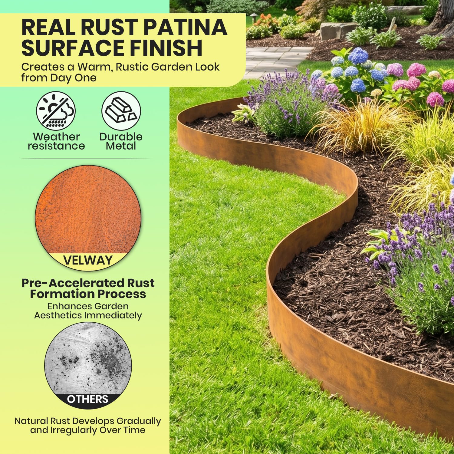 Velway Bordura Acero Corten 10m x 14cm Borde Metálico Jardín Efecto Óxido | Separador de Césped, Grava y Parterres | Fácil Instalación, Incluye Guantes