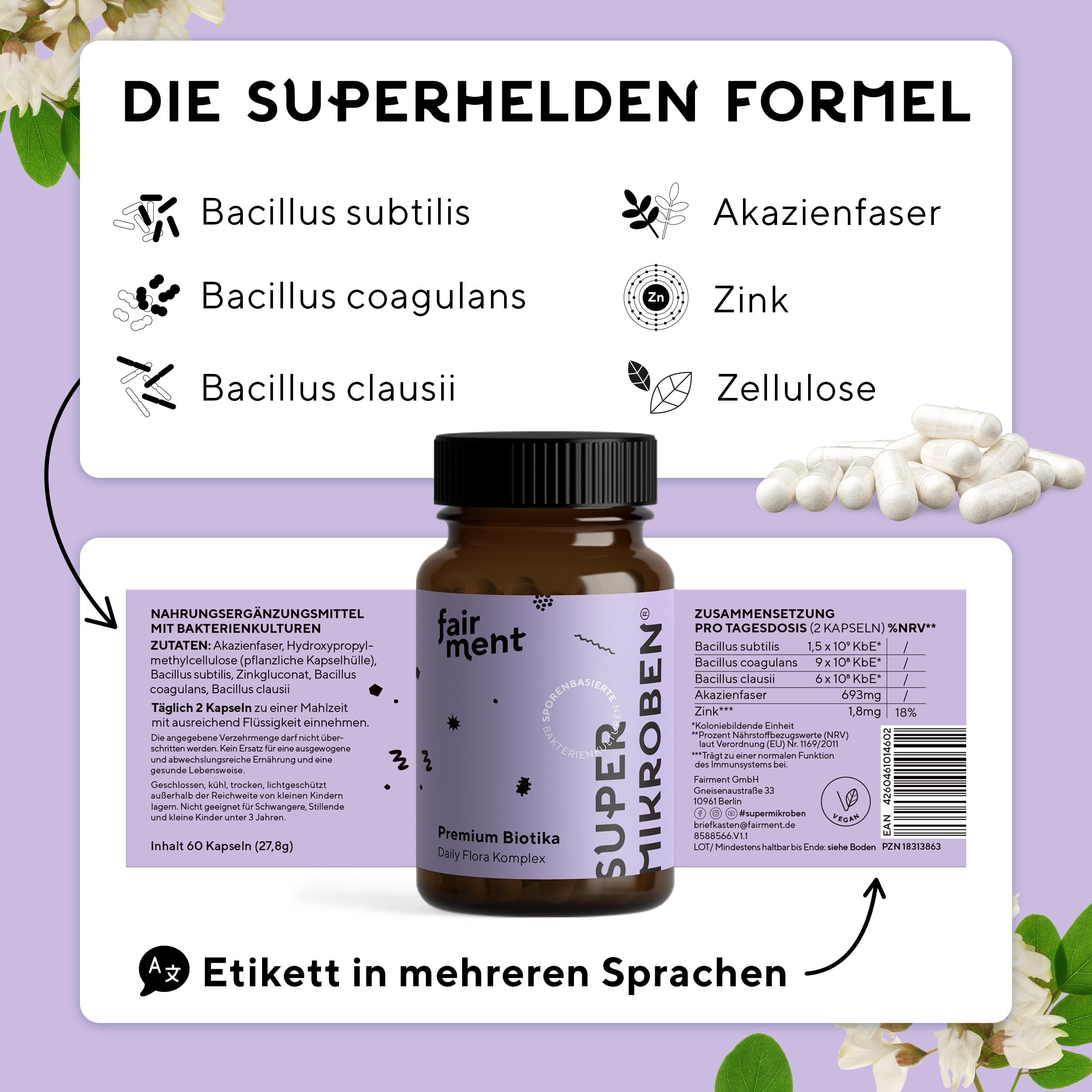 fairment SuperMikroben® Bakterien Stämme 3 MRD KBE/Tagesdosis, mit Zink, vegan, histamin-freundlich und hochdosiert, 60 Kapseln aus Deutschland