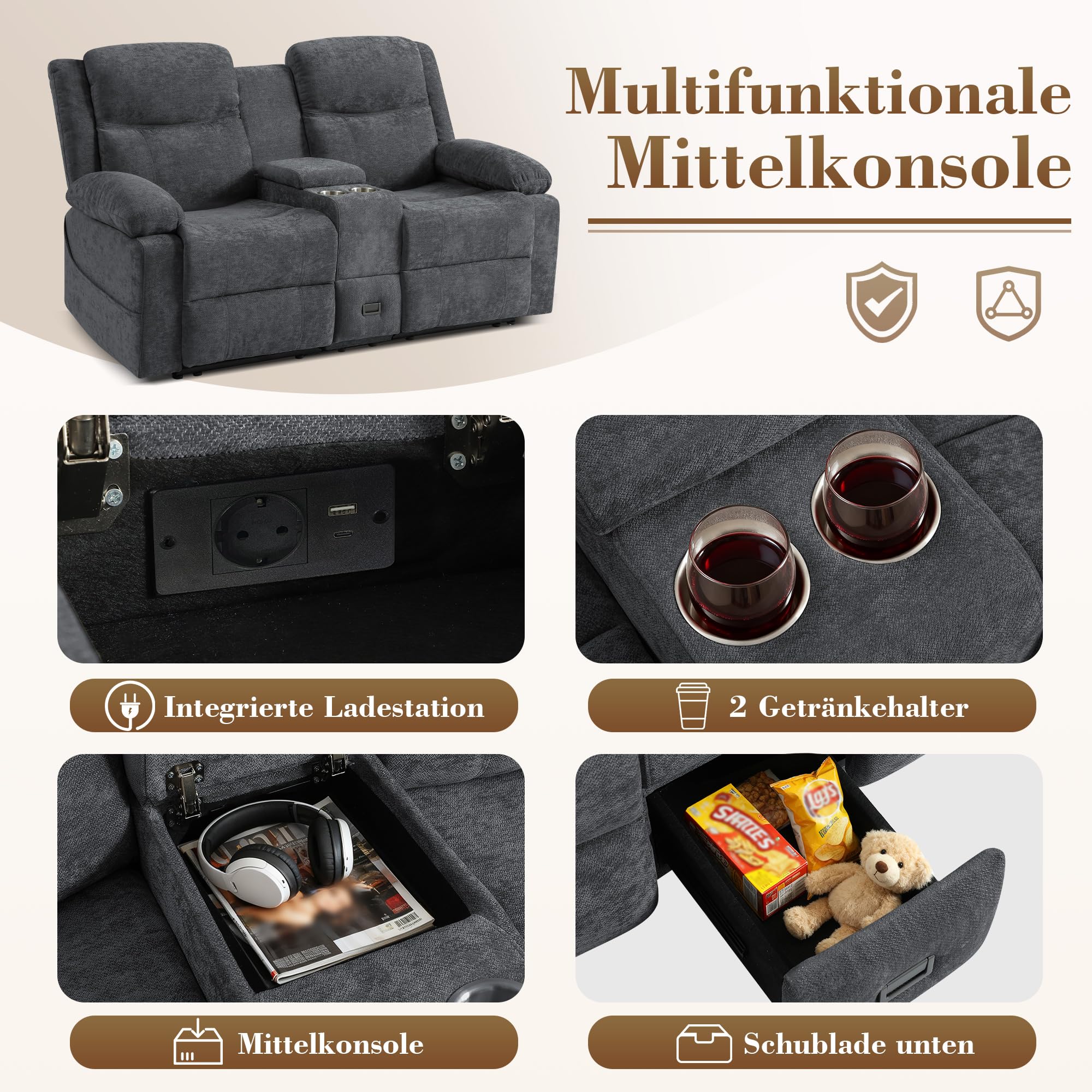 2er Kinosessel Relaxsessel mit Liegefunktion, 2 Sitzer Fernsehsessel TV Sessel mit Konsole, Steckdose und Schublade, zweisitzer Sofa mit Chenille-Optik für Wohnzimmer (Grau, 175 cm Zweisitzer)