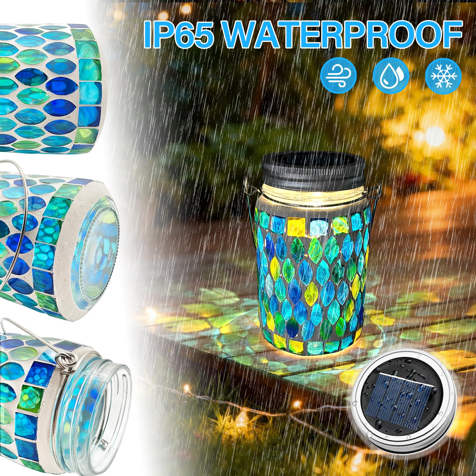 2PCS Mosaic Solar Lights Outdoor Garden, On/Off Glass Hanging Solar Mosaic Lanterns Lights IP65 Waterproof for Table Lawn Path Courtyard Deck Fence, Blue Mosaic Glass - 4