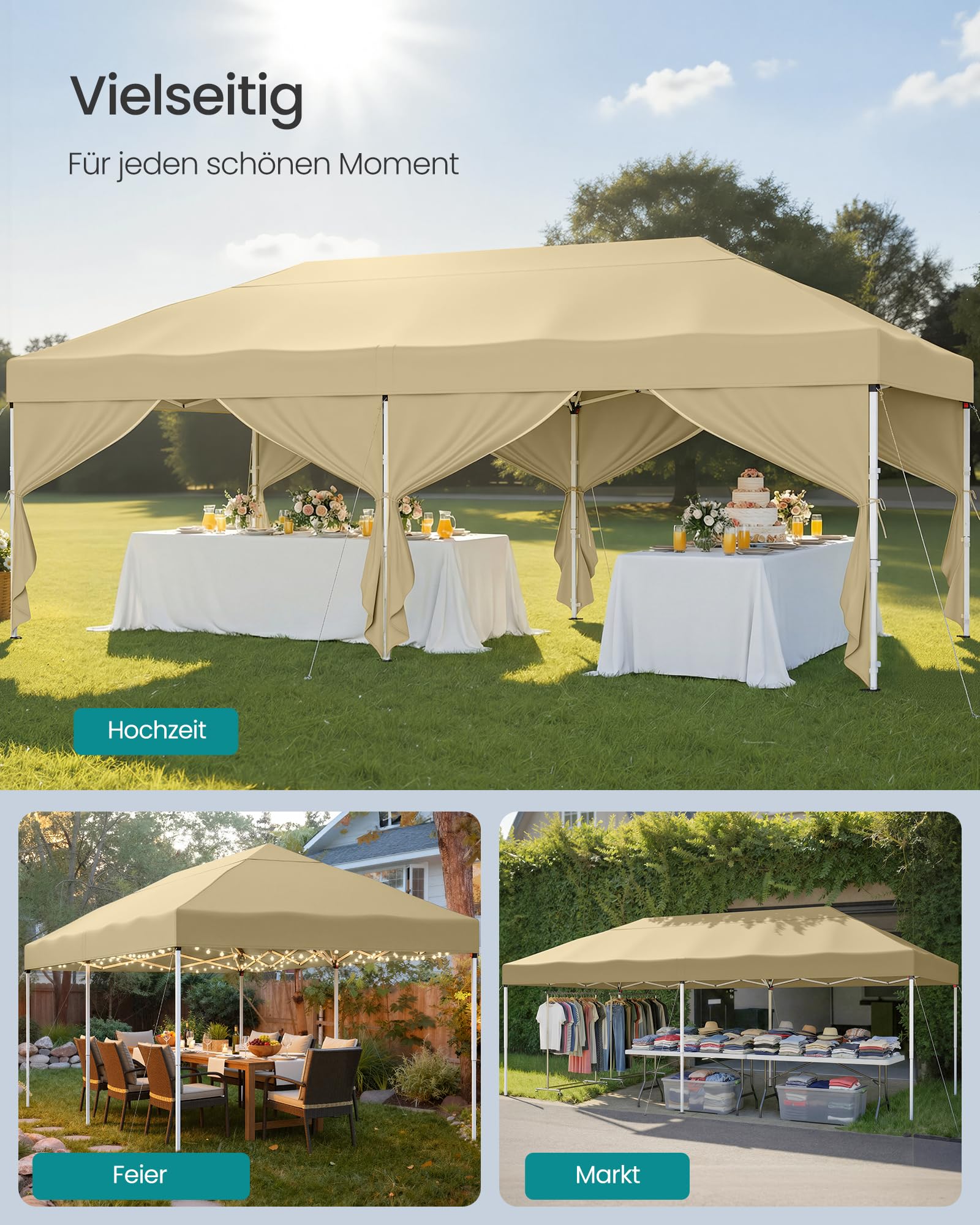 SONGMICS Pavillon, 3 x 6 m mit Seitenwänden, Faltpavillon, Gartenpavillon, Partyzelt, Sonnenschutz, Leichter Regenschutz, tragbar, für Hof, Garten, Markt, Party, beige GCT204LZ01