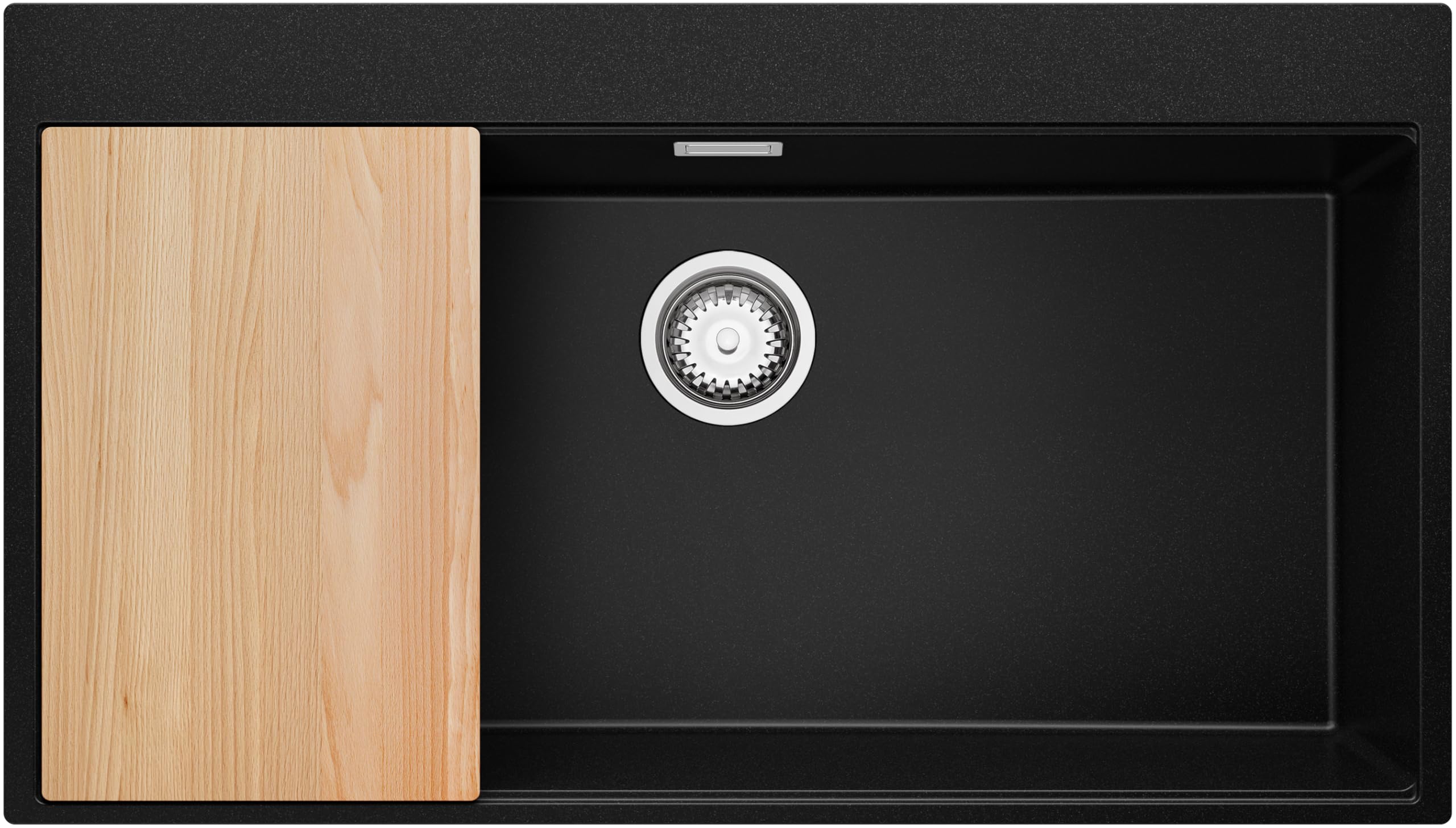 PRIMAGRAN Lavello Angolare Nero 88x50cm, Lavandino in Granito a 1 vasca + Sifone Classico + Tagliere, Lavabo da Cucina Incasso al Mobile 90cm - Oslo 90 Top S705