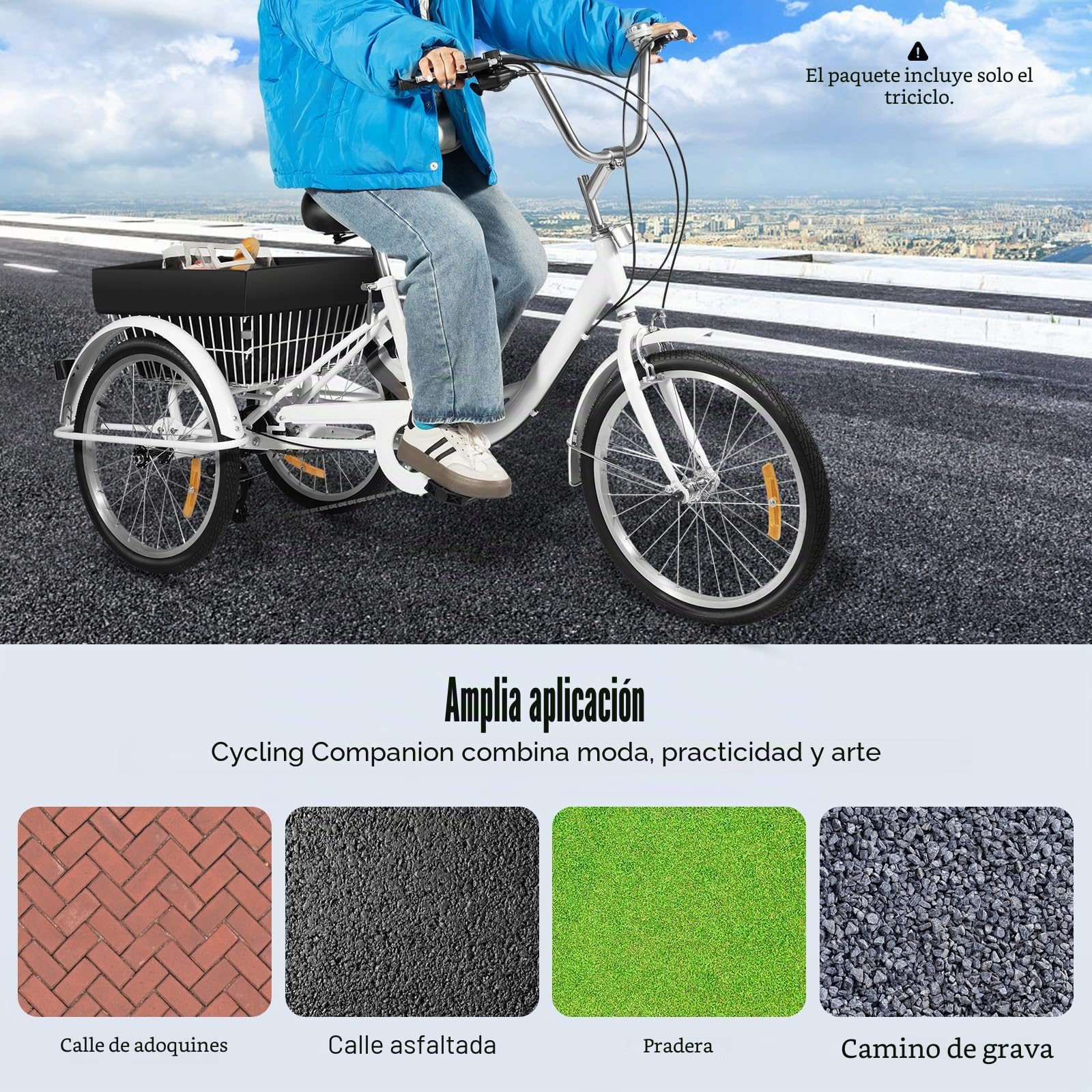 Triciclo de 20 Pulgadas para Adultos, Bicicleta Urbana de 3 Ruedas con Cesta, 8 Velocidades, Ajustable en Altura, Negro y Blanco