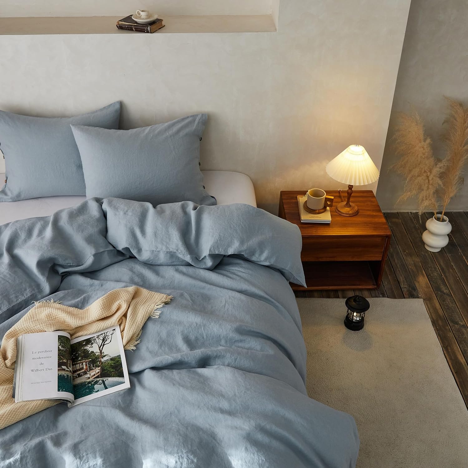 Simple&Opulence 100% Linen Duvet Cover Set, 3 Pieces Belgian Flax Breathable Bedding, 1 Comforter Cover+2 Pillowshams with Coconut Button Closure(King,Dusty Blue)