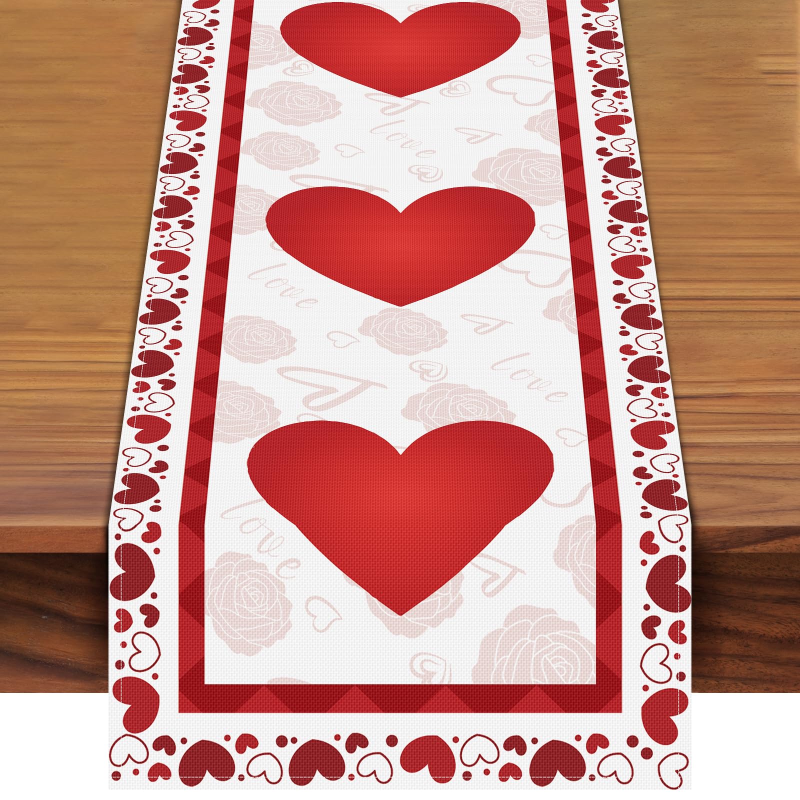 Valentine's Day Heart Table Runner 72 x 13 Inch Decorations, Red Linen Burlap Hearts Pattern Table Cover for Romantic Special Night, Anniversaries,