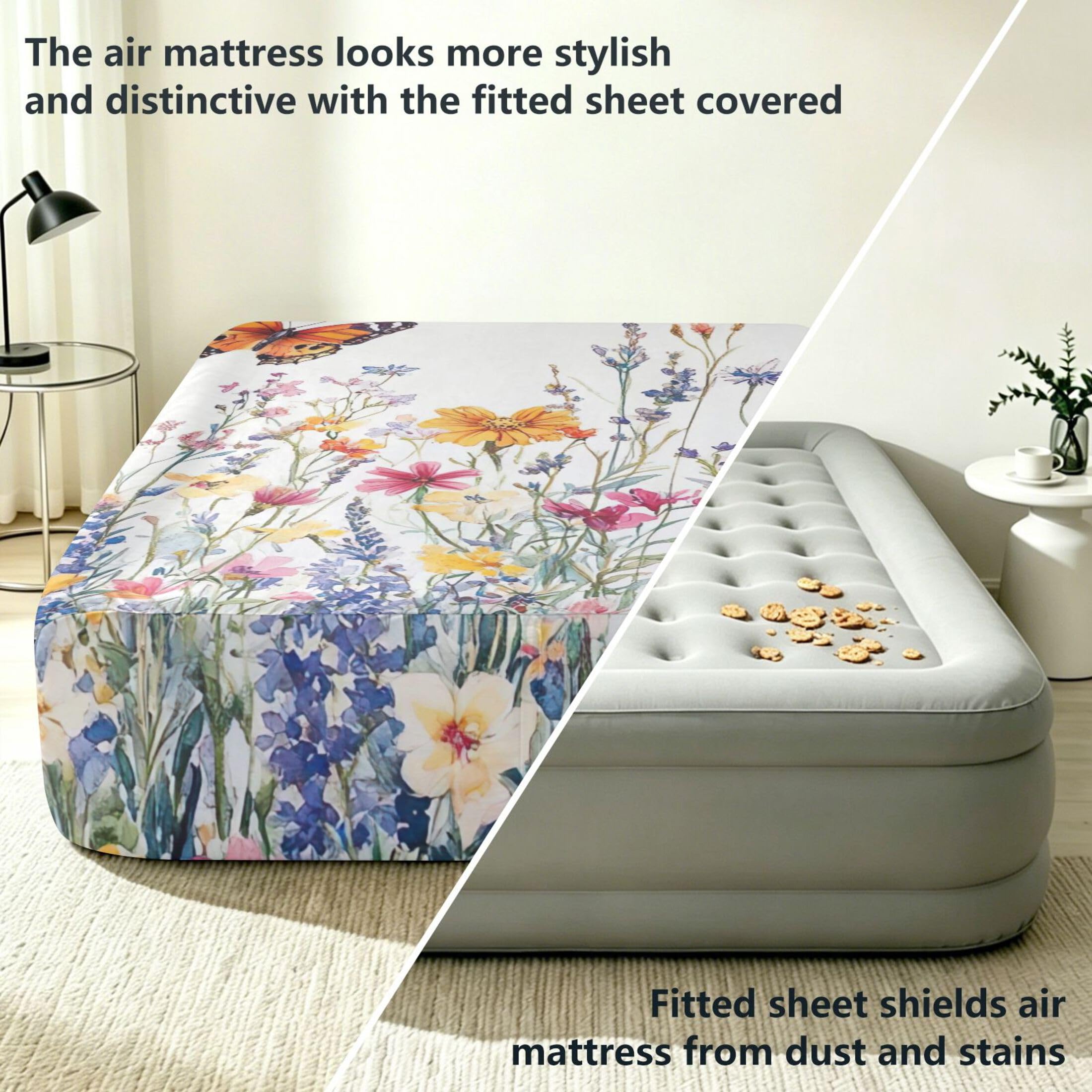 Vibrantes flores silvestres sábana bajera para colchón de aire, bolsillo extra profundo de 24 pulgadas, funda suave y transpirable con apertura de válvula de cremallera para cama de aire
