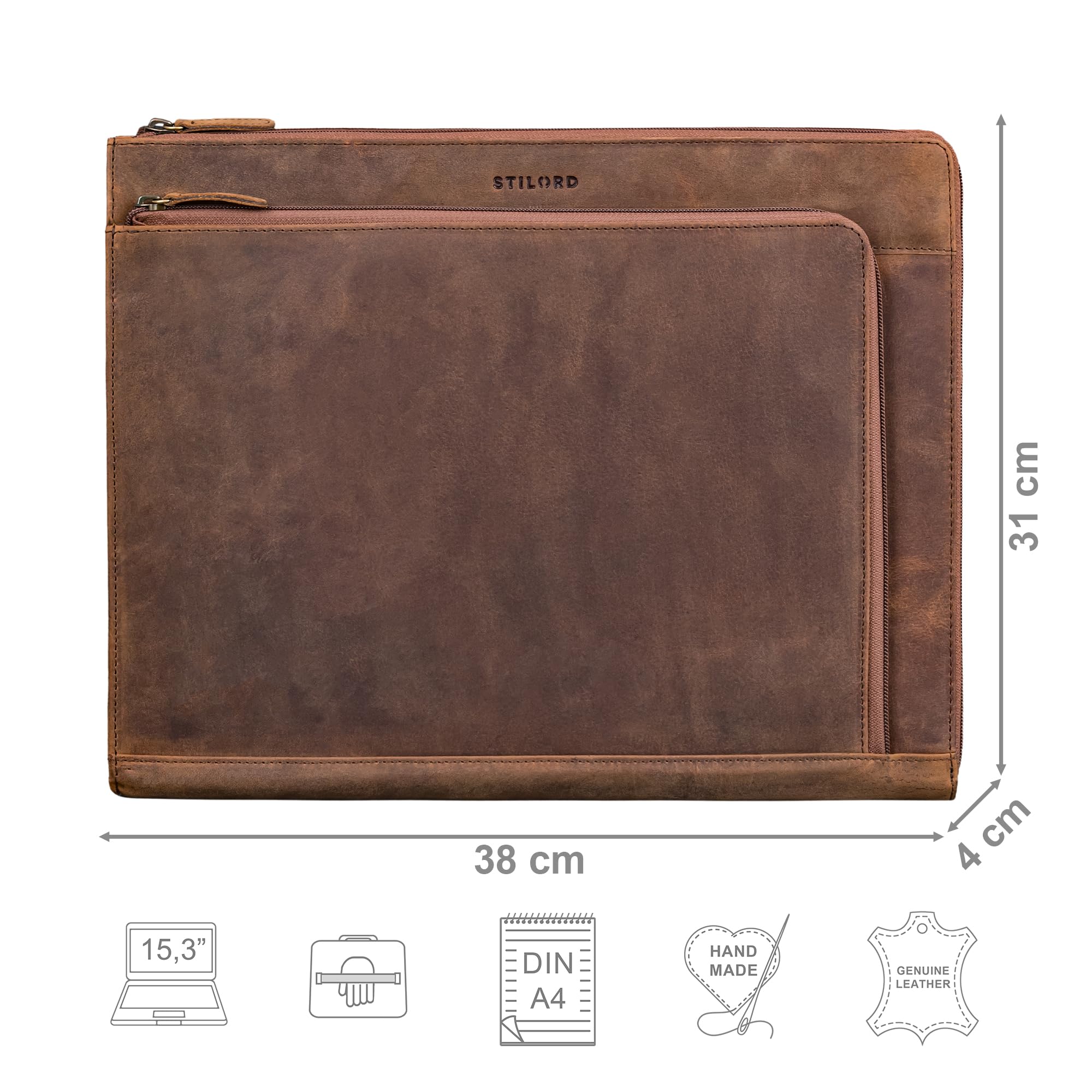 STILORD 'Stefano' Elegante Dokumentenmappe A4 Leder mit Laptopfach - Echtleder Laptop Sleeve 14-15 Zoll für Damen und Herren - Ideal als Businessmappe für die Arbeit, Farbe:sepia - braun