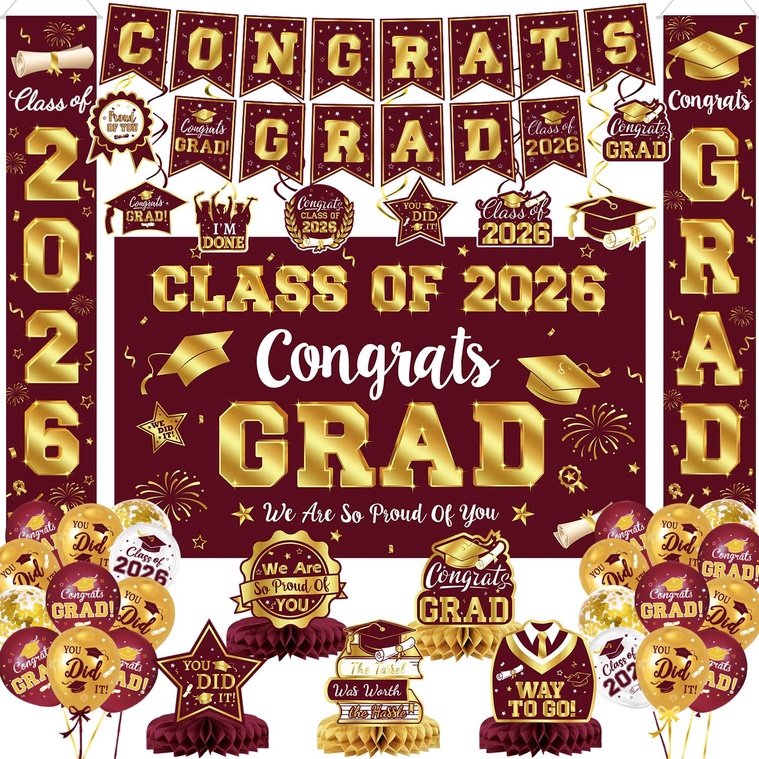 2026 Graduation Decorations - Maroon and Gold Graduation Decorations