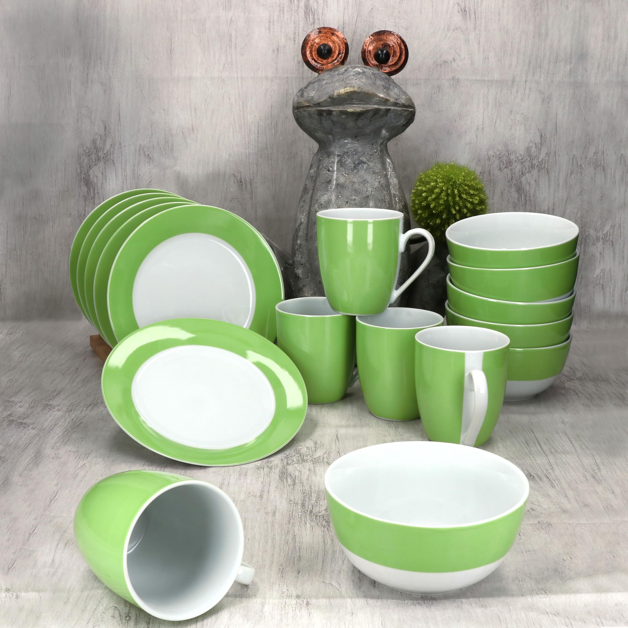 MamboCat Variant Grün 18tlg Frühstücksset I Je 6X kleine Teller, Schale 450ml & Kaffeebecher 350ml, Höhe 10,3cm für 6 Personen I Porzellan-Geschirr für Frühstücks- & Kaffeezeit