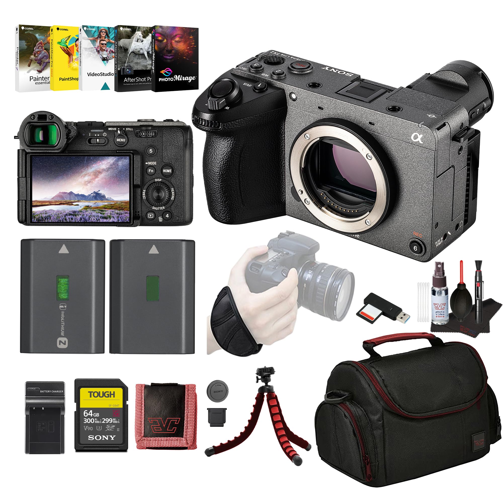 Sony FX2 Compact Cinema Camera – Full-Frame 4K, Internal ND, Fast Autofocus (ILME-FX2B) + 64GB Memory Card + NP-FZ100 Battery + Photography Software + Camera Bag + External Charger + More