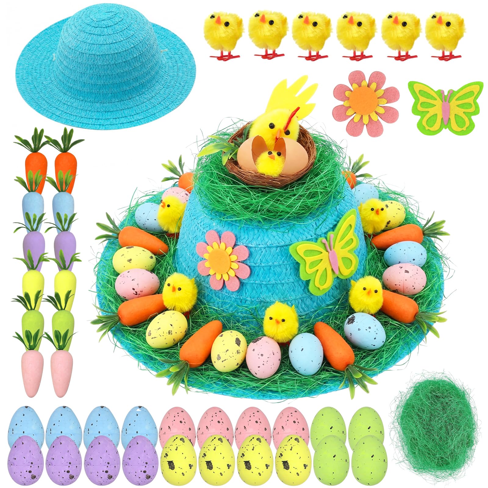 Superfa Boys Blue Easter Bonnet Kit, Make Your Own Easter Bonnet Hat Set Whit Chicks, Carrots, Nests, Eggs, Grass, Flower