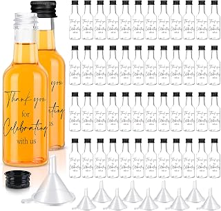 Bokon 50 Pcs Mini Wedding Liquor Bottles Thank You for Celebrating with US 1.7 Fl Oz/ 50 ml Plastic Reusable Empty Bottle Bulk with Cap Guests Wedding Favors for Bridal Party