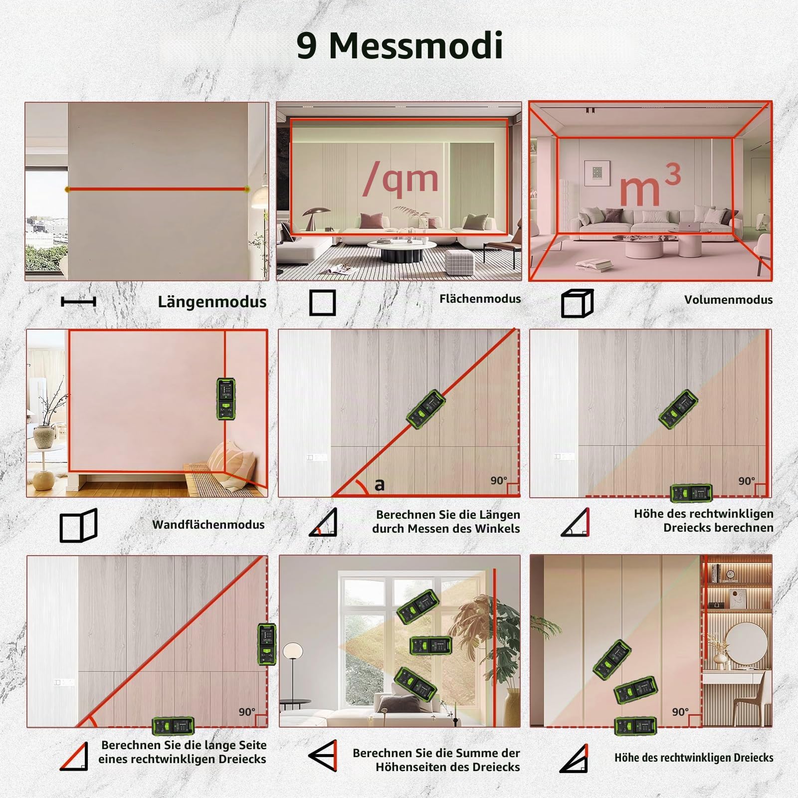Dual Laser Entfernungsmesser, Huepar 120M Rot Laser Messgerät Entfernungsmesser mit Laser, hintergrundbeleuchtetem LCD, Messung von Entfernung, Fläche und Volumen und pythagoreischem Modus