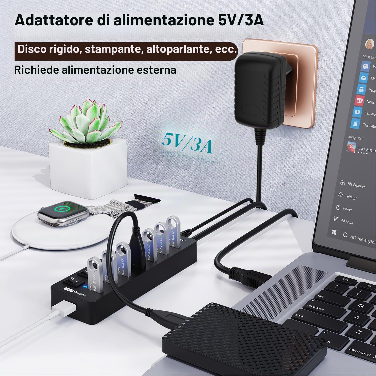 Hub USB attivo 3.0 con alimentatore, VEMONT 7 porte USB - e 1 ricarica intelligente con 5 V/3 A, splitter con interruttore individuale e cavo lungo 1,2 m per PC/laptop