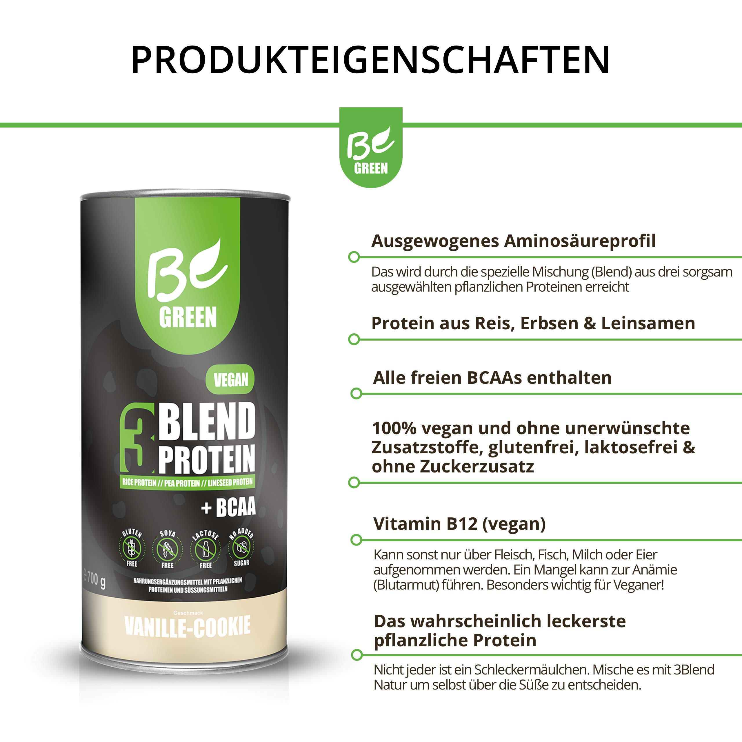 BeGreen 3Blend Vegan-Protein mit BCAA und B12, Vanille-Cookie, Pflanzliches Eiweisspulver aus Reis-Erbsen-Leinsamen-Protein, laktosefrei, glutenfrei ohne Zuckerzusatz, 700 g Pulver, super lecker