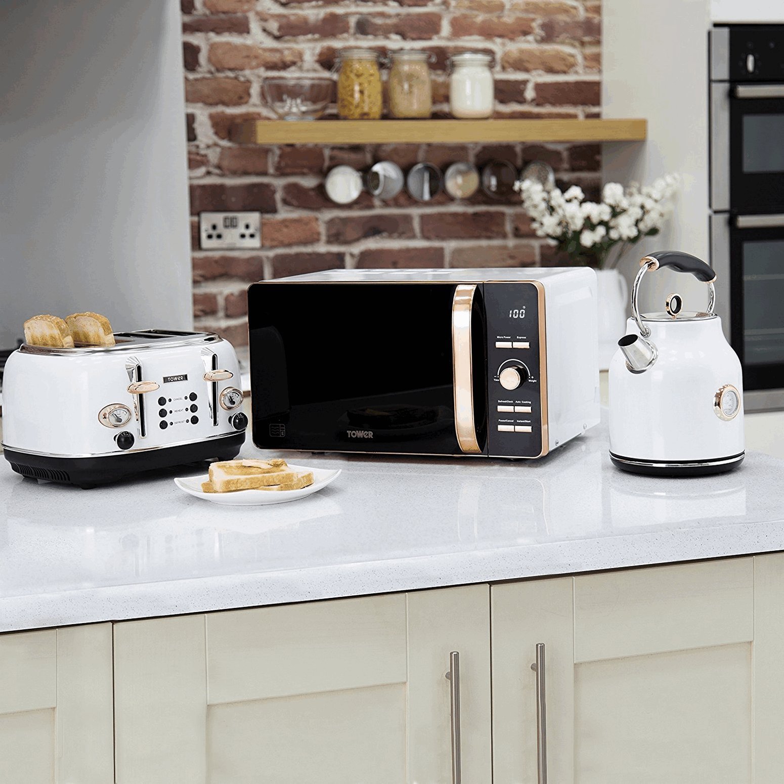 Microwave Oven Grey And Rose Gold Kettle Toaster And Microwave
