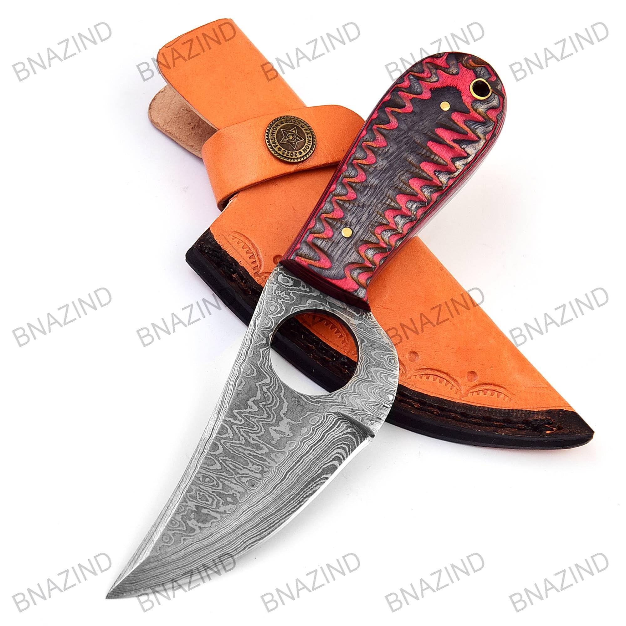 BNAZIND Handmade Damascus Hunting Knife with Sheath | Damascus Knives Damascus Steel Knife for Skinning, Camping, Outdoor | EDC 7.5 Inch Fixed Blade Bushcraft Knives for Men
