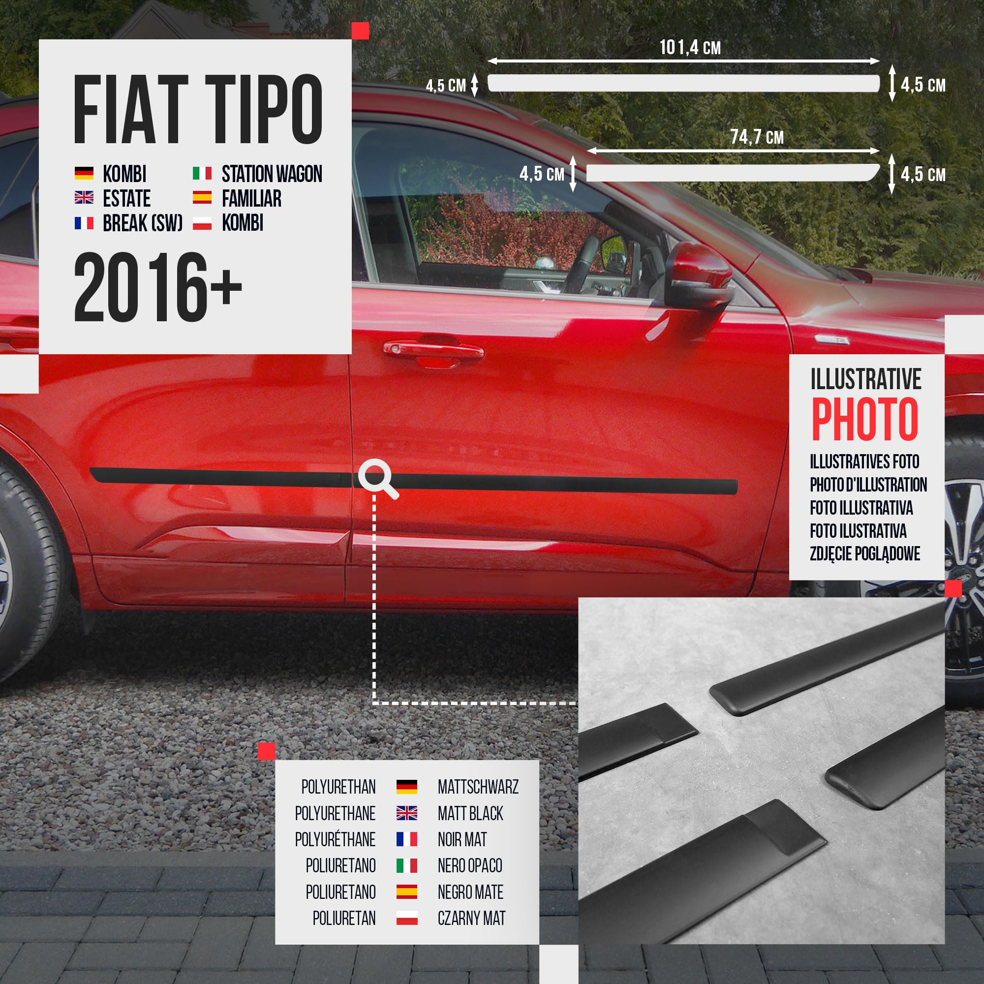 CHROMEMASTER | Modanature Laterali | Compatibile con Fiat Tipo Berlina, Hatchback, SW dal 2016 | Plastica Le Modanature Laterali Proteggono la Vernice Della Portiera Dell'auto da Graffi e Danni