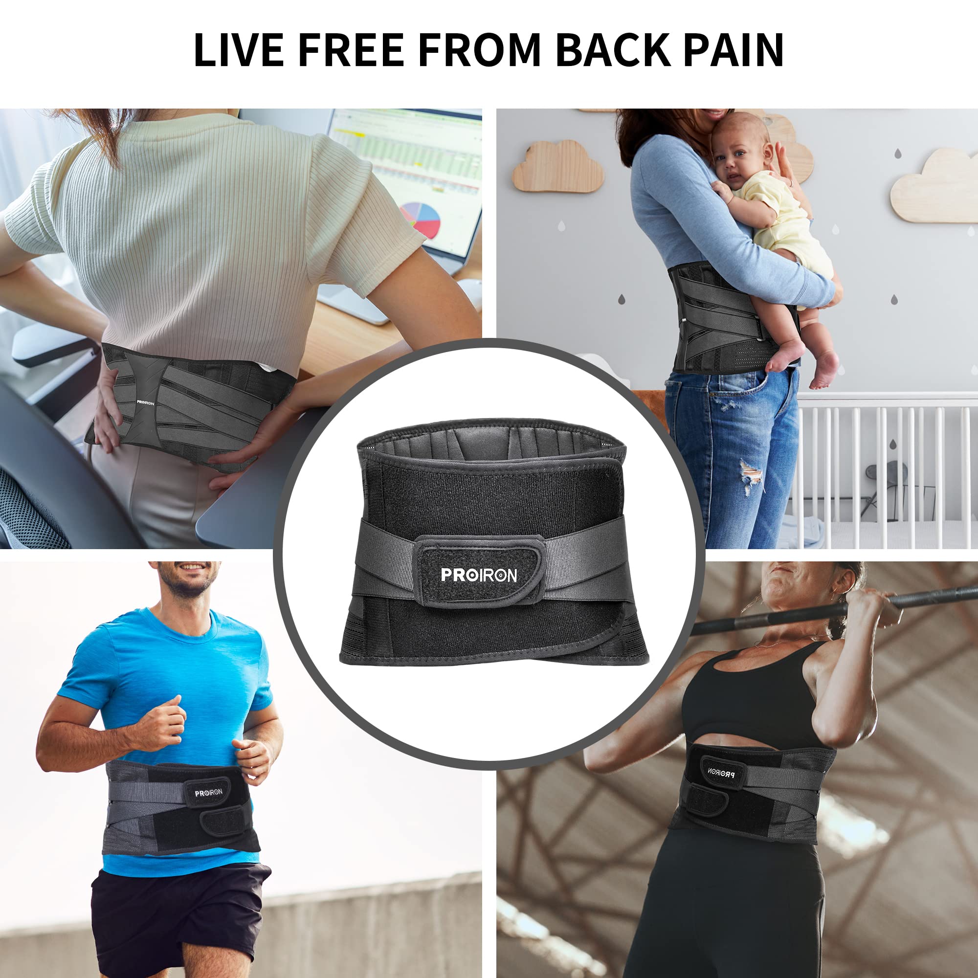 PROIRON Faja Lumbar Para Hombre y Mujer con 6 varillas de soporte, Cinturón Lumbar con Doble Ajuste, Transpirable Deportiva Faja Lumbar Trabajo para Ciática Alivia el Dolor y Deportiva Fitness, M