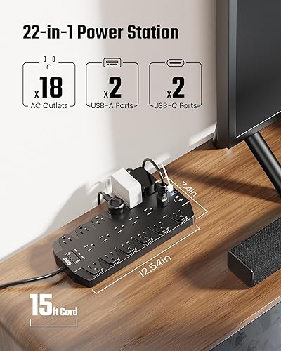 Miniatura 2 de SUPERDANNY - Regleta de alimentación de 18 tomas amplias, protector de sobretensiones con 4 puertos USB, cable de extensión de enchufe plano de 15