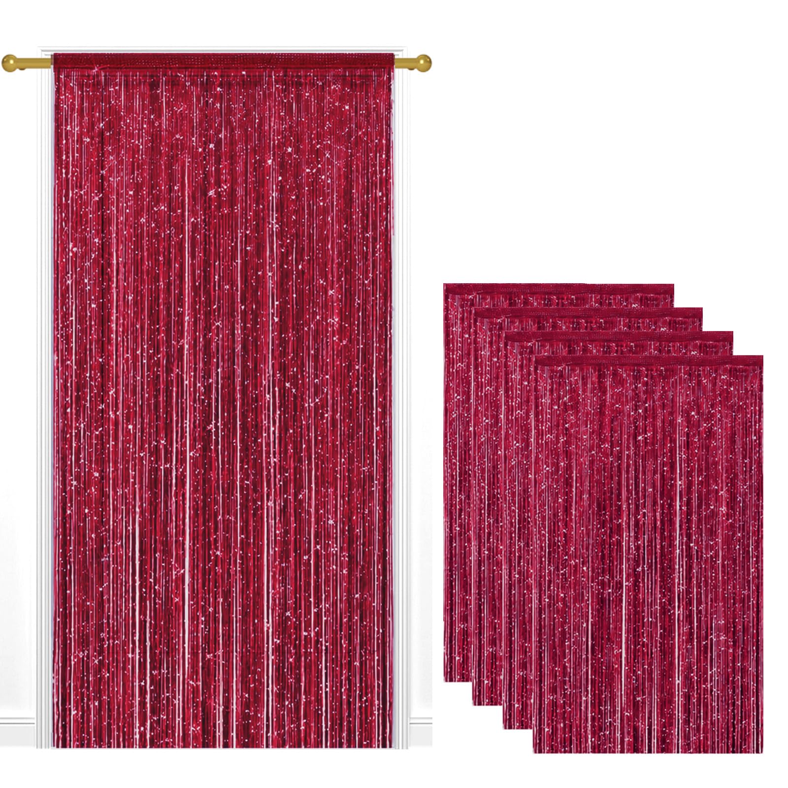4 Pack String Door Curtains, 100 x 200 cm Glitter Fringe Panel Burgundy — image 1