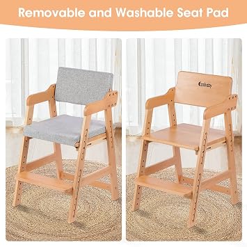 Ezebaby Wooden High Chair for Toddlers to Teens Adjustable Kids Learning Chair with Steps, Child Seats with Removable Cushion (Natural Color)