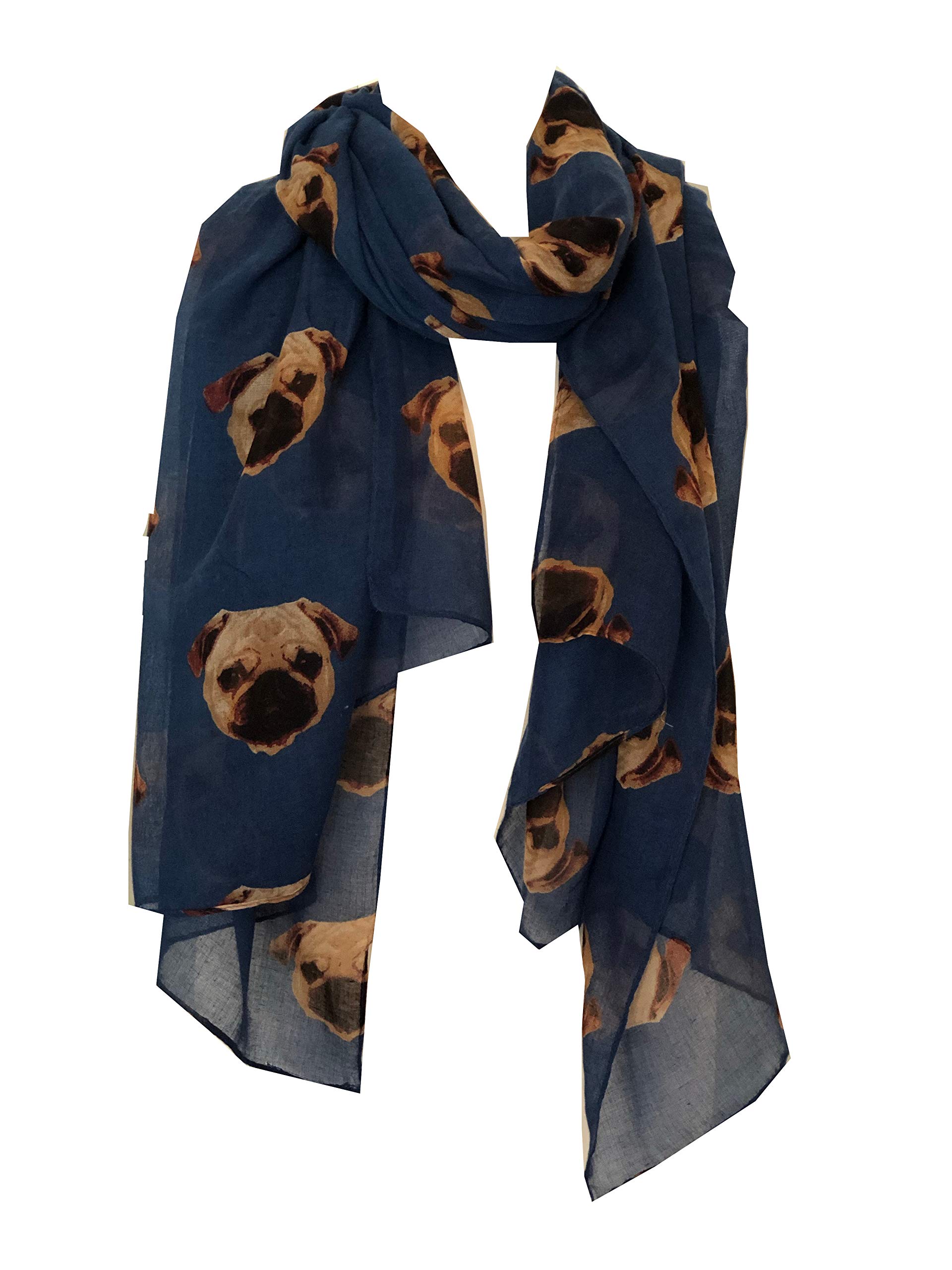 Pamper Yourself Now Women's Grey Blue Pug Dog Long Scarf, Great For Presents/Gifts.
