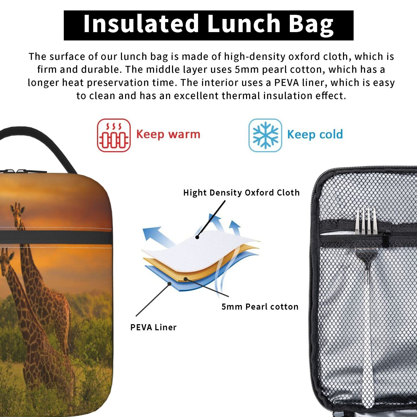 Borsa termica per il pranzo con giraffa carina per le donne