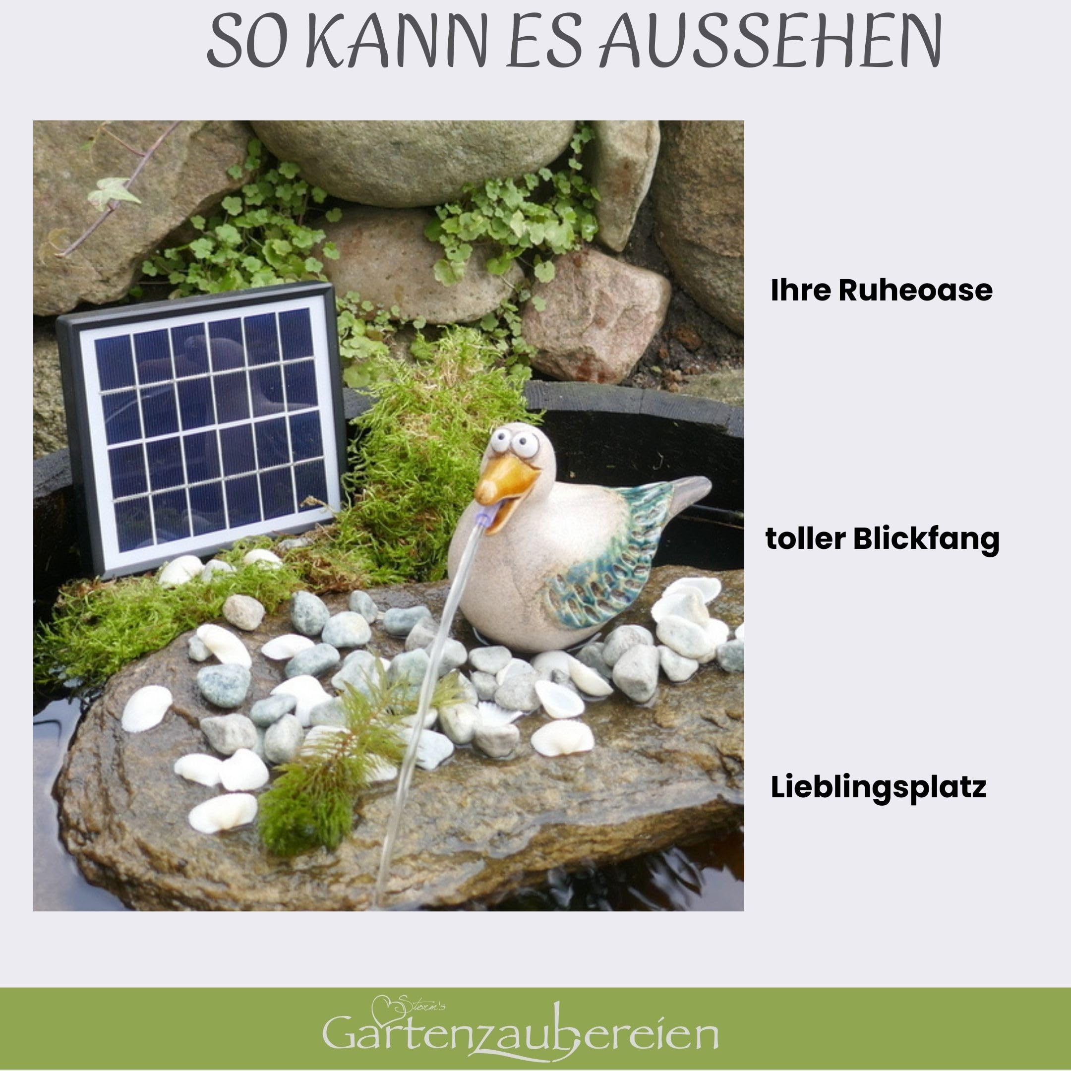 Solar-Wasserspeier Möwe für Teiche und Miniteiche - Keramik Tierfigur mit Solarpumpe - Garten und Balkondeko, Solarbrunnen