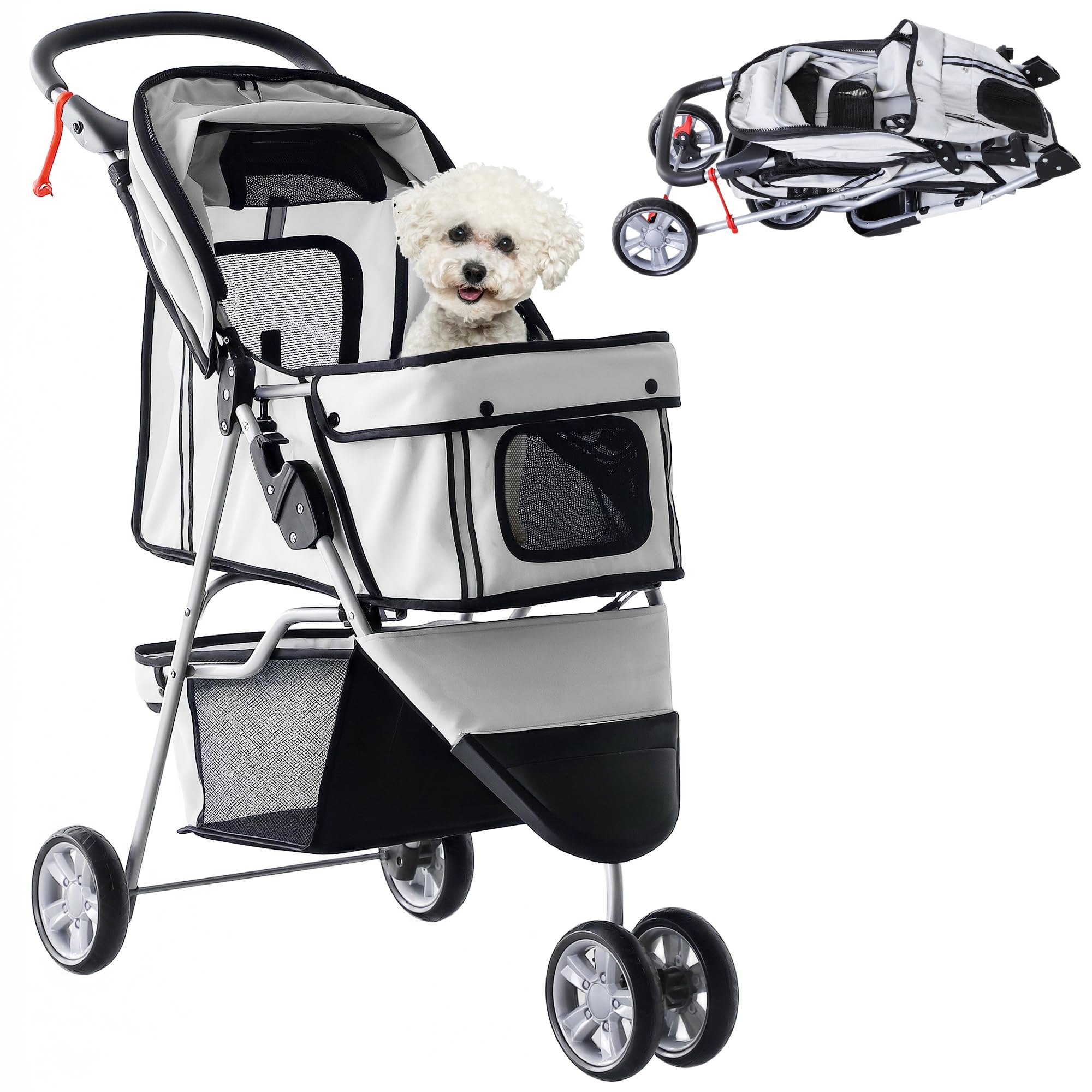 PawHut Cochecito Plegable Mascotas 75x45x97cm Perros Gatos Carrito Ruedas giran 360º Gris