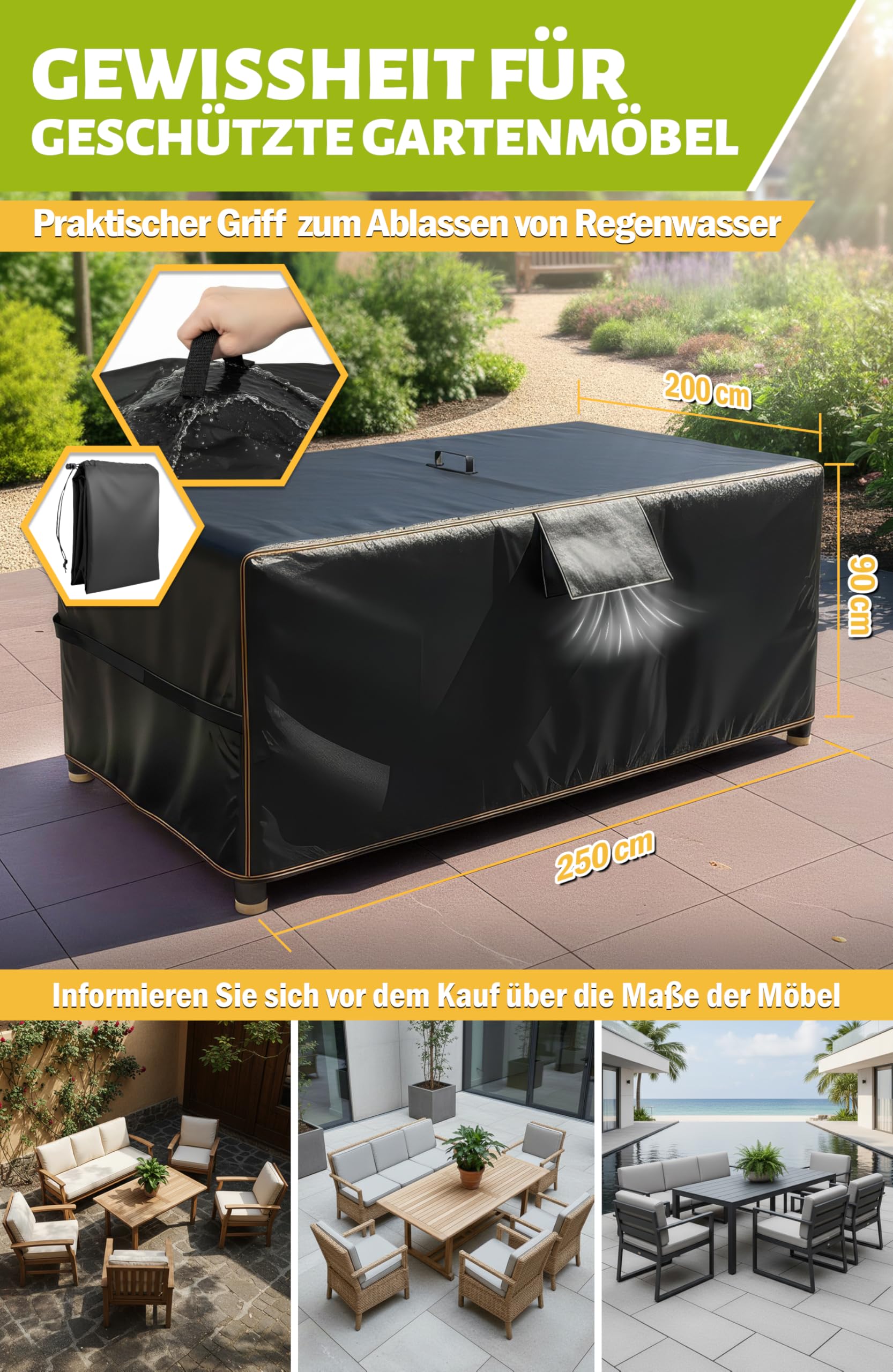 Menz Gartenmöbel Abdeckung 250x200x90cm, Abdeckplane Gartenmöbel, Schutzhülle Gartenmöbel, wasserdicht, Winterfest, UV-Schutz für Gartentisch, Lounge und Sitzgruppe