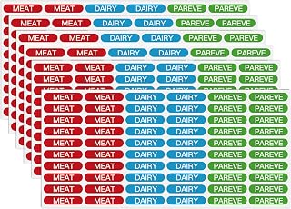 360PCS Kosher Labels for Kitchen, Color Coded Meat Dairy Pareve Stickers, PVC Material,1.25 x 0.27 Inch, Waterproof & Dishwasher Safe,Freezable and Microwavable