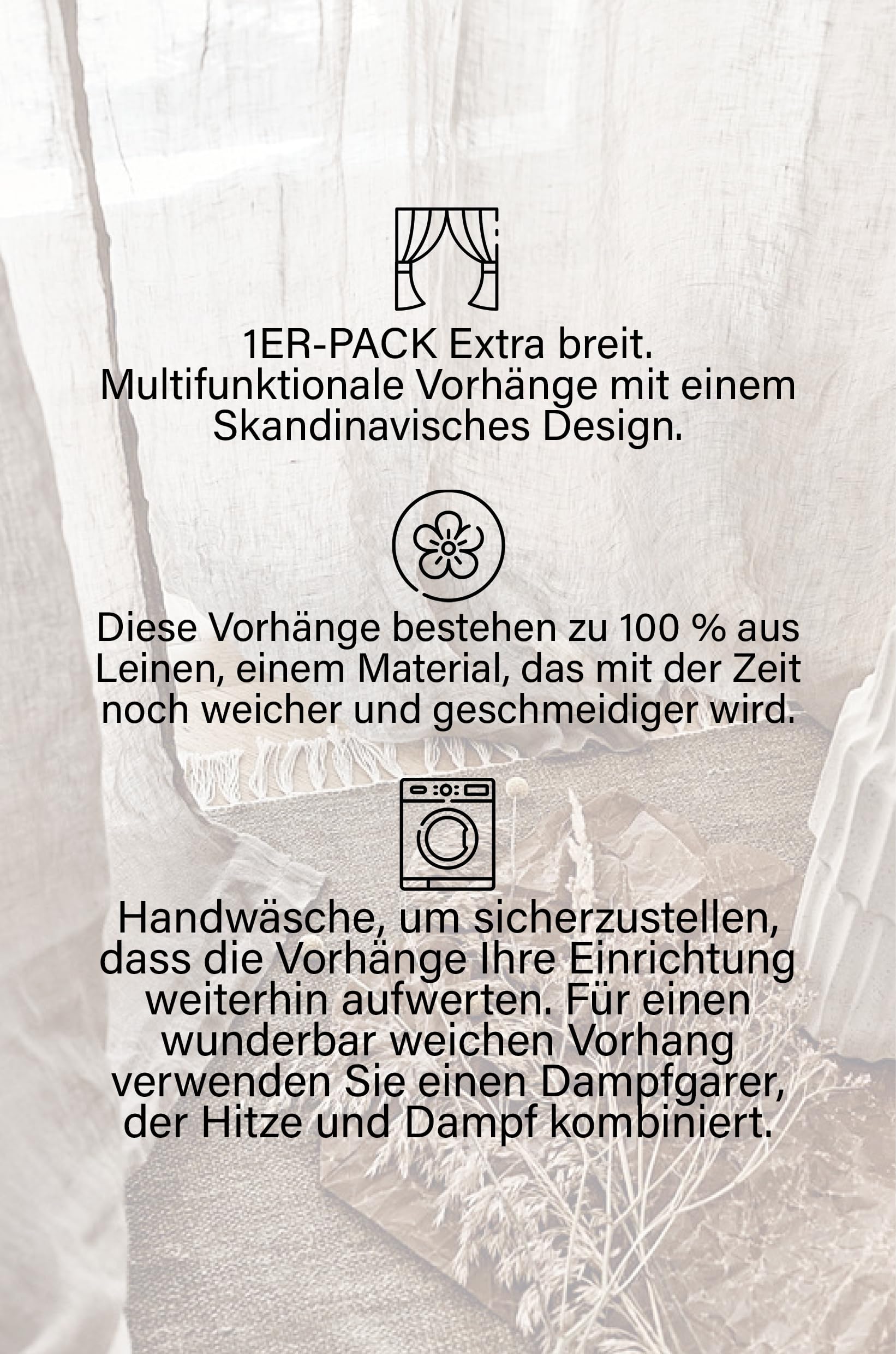 Jotex Ellen Multifunctional Curtain - Linen Curtain Extra Wide 100% Linen (Pack of 1) - Linen Beige, 220 cm - Image 3