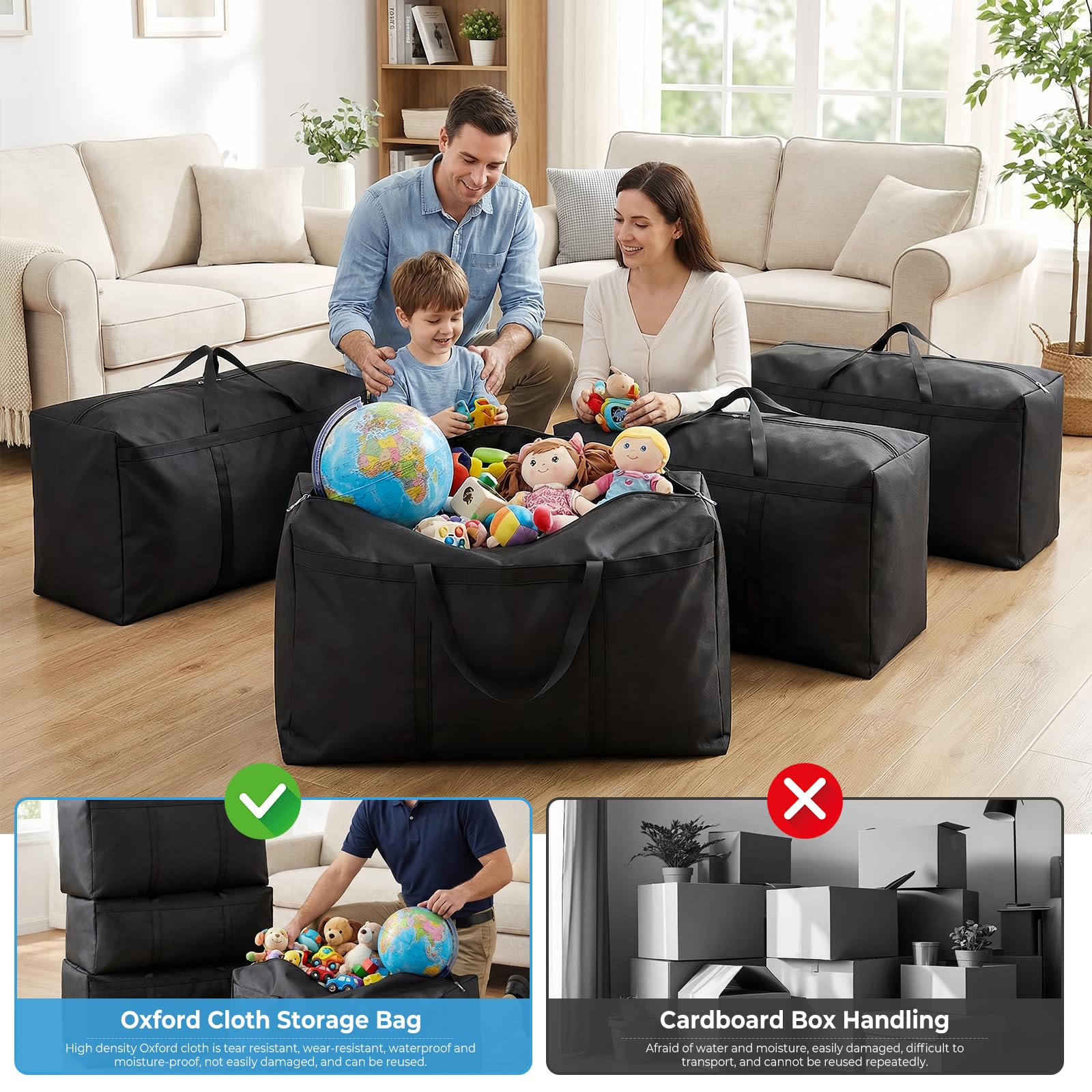 Lot de 4 Sacs de déménagement de 105 L, Grands sacs de rangement avec fermetures éclair, Oxford Noir imperméables sac de demenagement pour coussins, vêtements, linge de lit, rangement