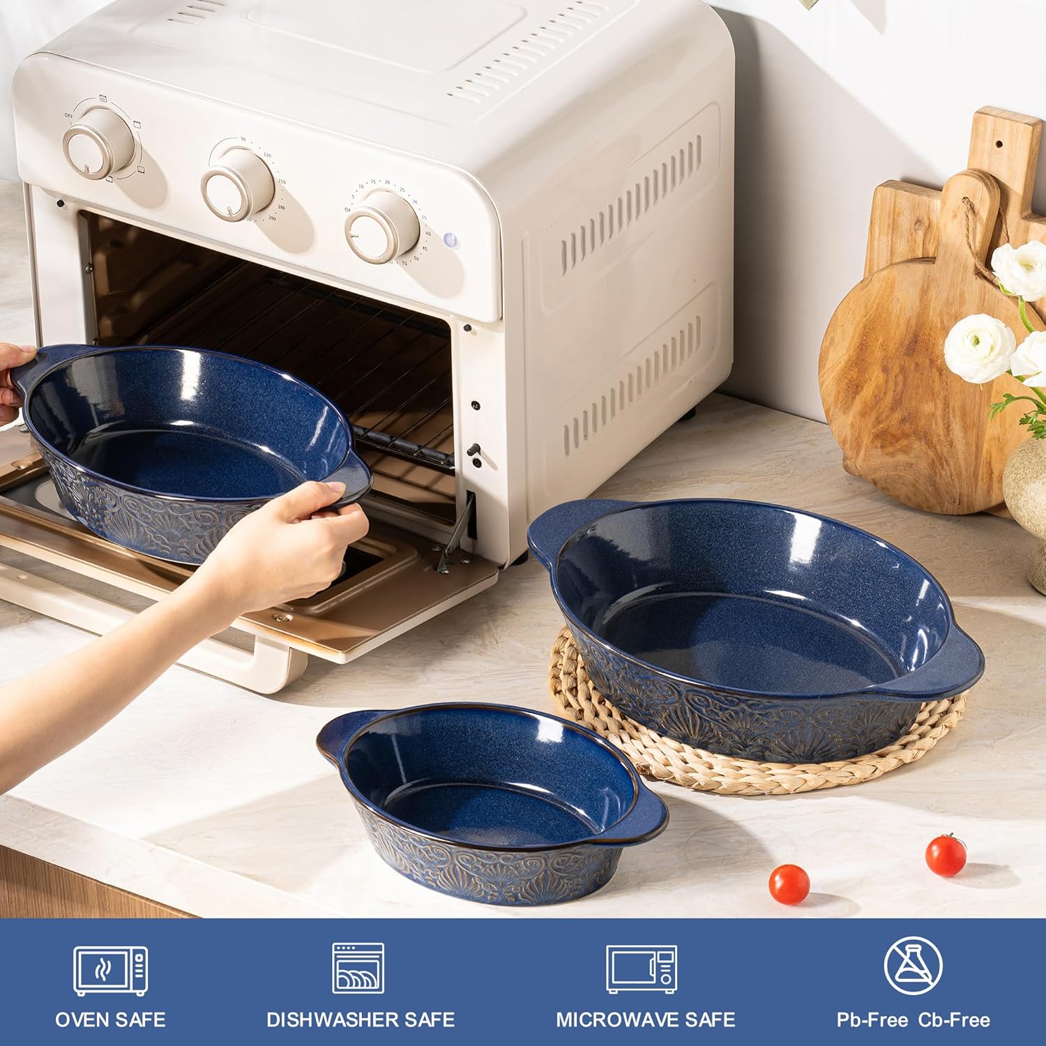 Casserole Dishes for Oven Sets of 3, Ceramic Oval Baking Dish, Au Gratin Baking Pans with Handles for Roasting, Lasagna, Pie, Baking Meat & Vegetables (Blue)