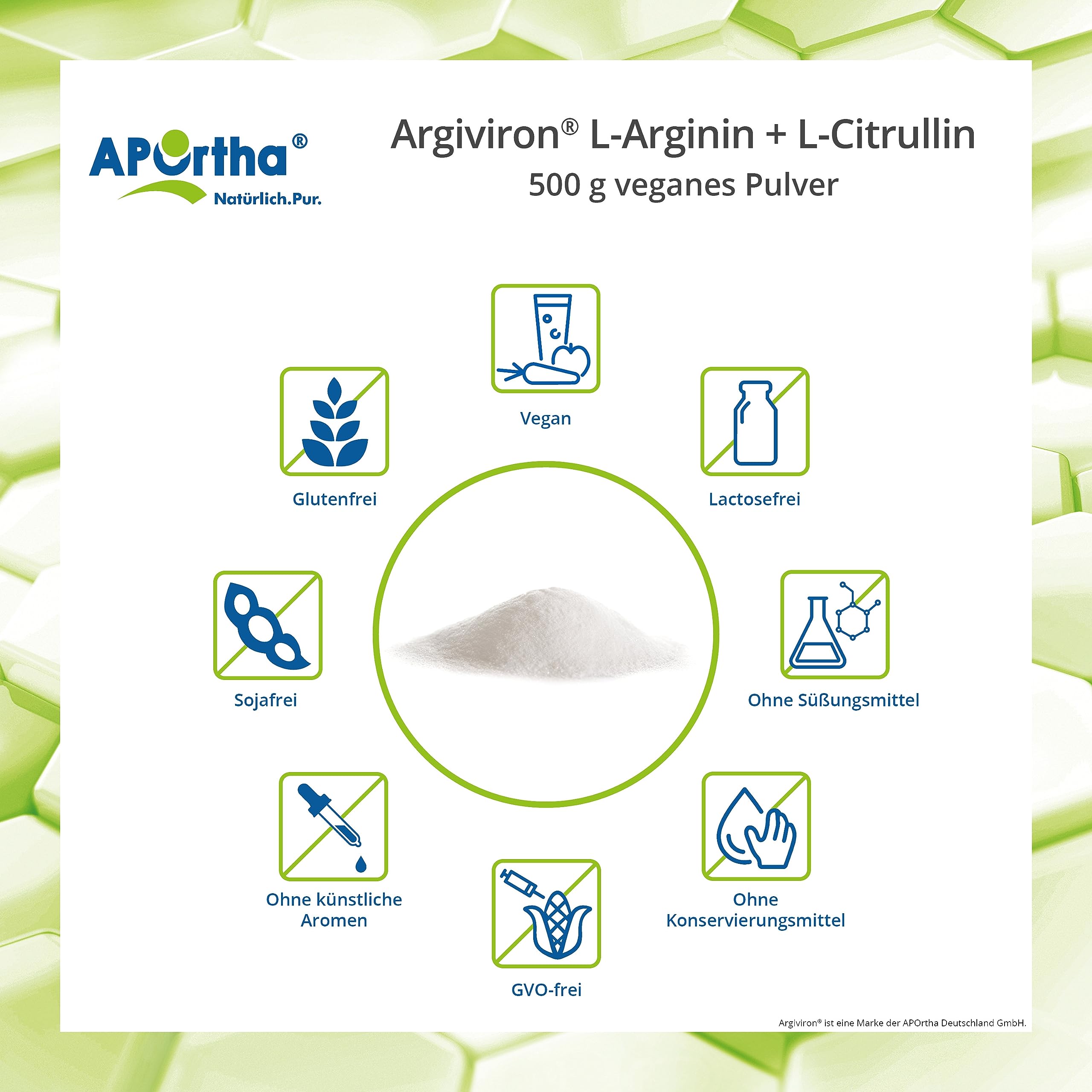 APOrtha® ARGIVIRON® L-Arginin + L-Citrullin 500 g veganes Pulver, Hochdosiert im Verhältnis von 2 zu 1,6 von L-Arginin zu L-Citrullin, allergenfrei, laktosefrei & glutenfrei