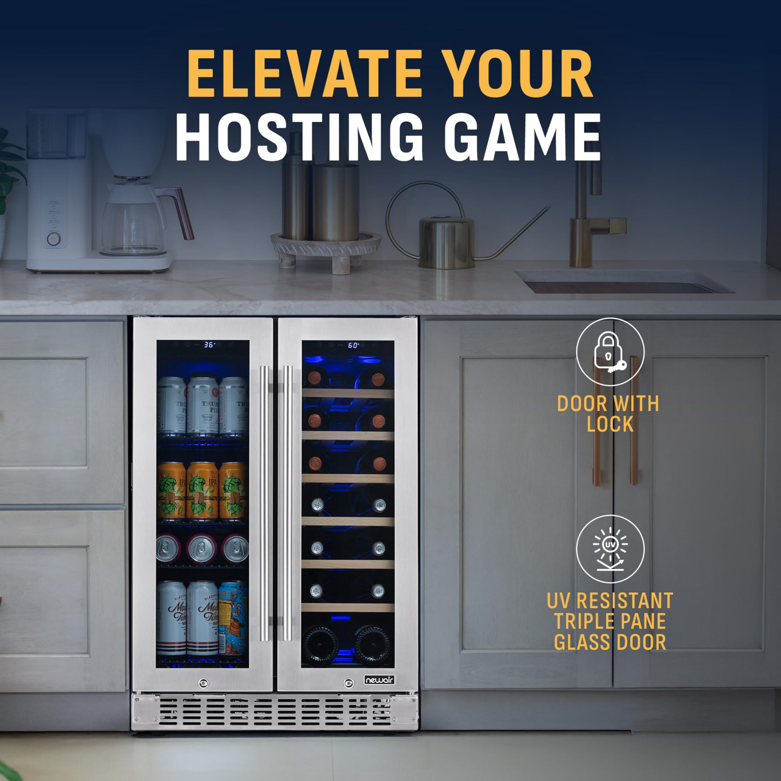 NewAir 24" Dual Zone Beverage Refrigerator & Wine Cooler For 18 Bottles & 60 Cans | Freestanding Or Built-In Under Counter Mini Fridge For Beer, Wine And Soda | Stainless Steel on Fridge.com - View 3