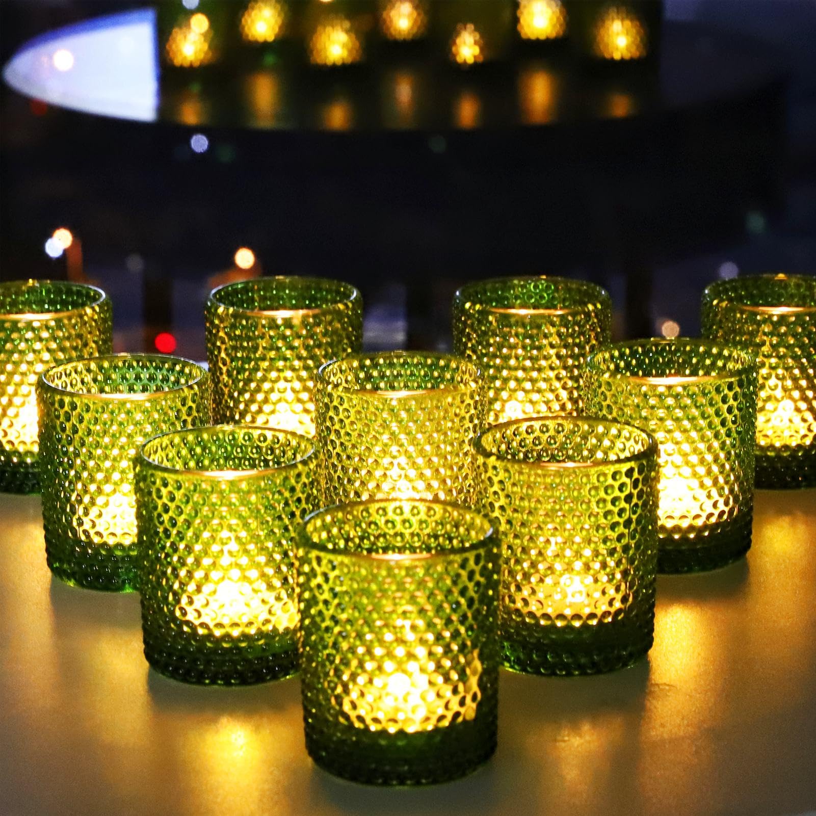 Vohocandle Green Tealight Holders Glass For Christmas Decor, 12 Pcs Bubbles Tea Light Holders Glass, Bubble Tea Light Candle Holders For Room, Garden, Wedding Or Other Celebrations (5.5 W × 6.5 H Cm)