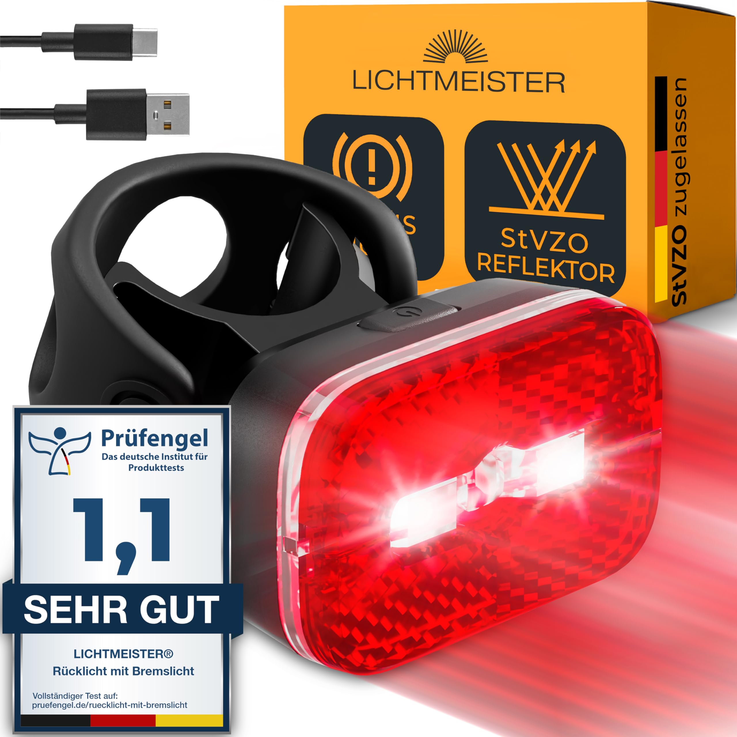 LICHTMEISTER® Rücklicht Fahrrad mit Reflektor und Bremslichtfunktion - Fahrrad Rücklicht mit StVZO Zulassung - Fahrradlicht hinten - Fahrrad Rücklicht LED - Fahrradrücklicht - Fahrrad Bremslicht