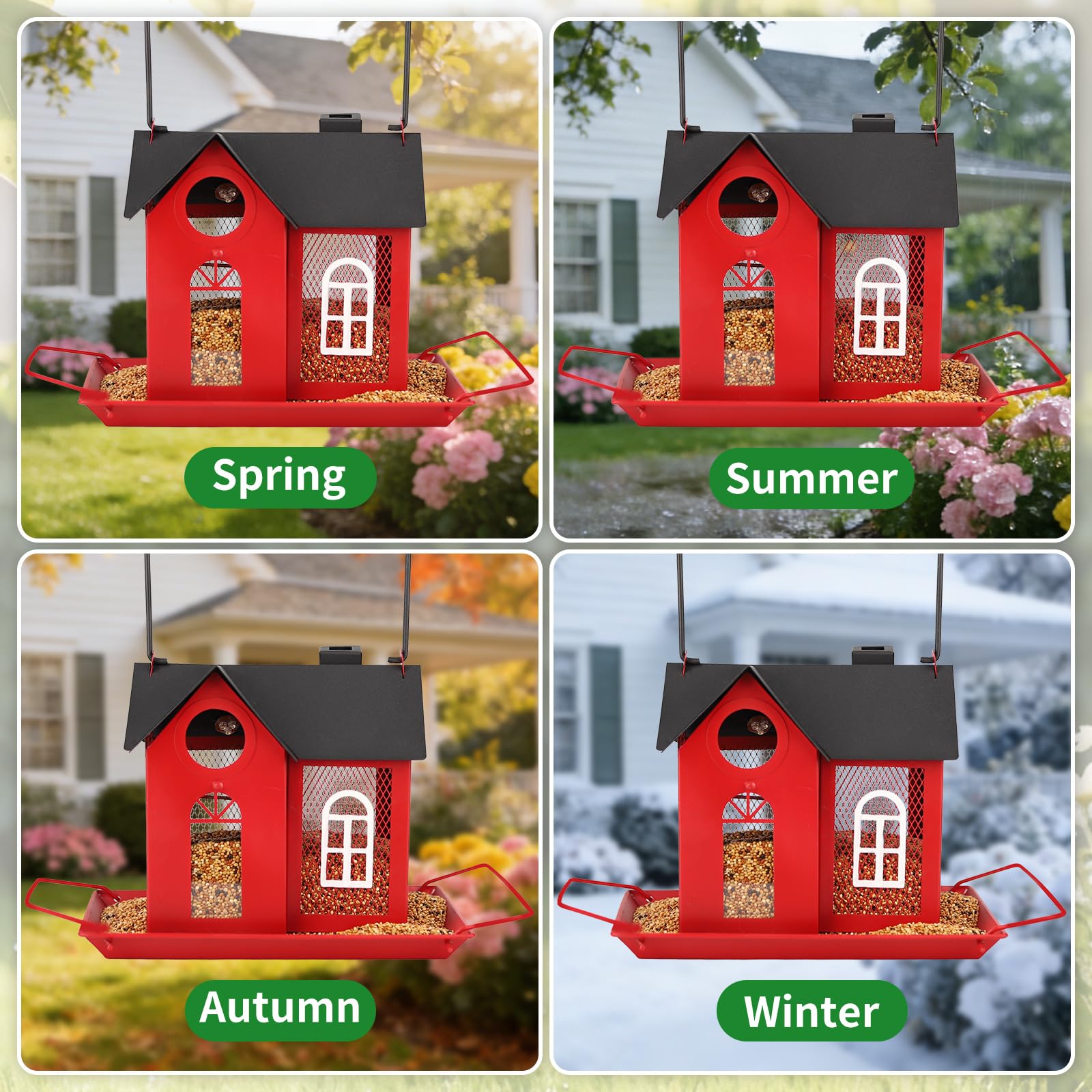 Comedero solar para pájaros para exteriores, comedero colgante de metal rojo con luz solar, comedero decorativo para cardenales, pinzones y pájaros silvestres, decoración de jardín y patio trasero