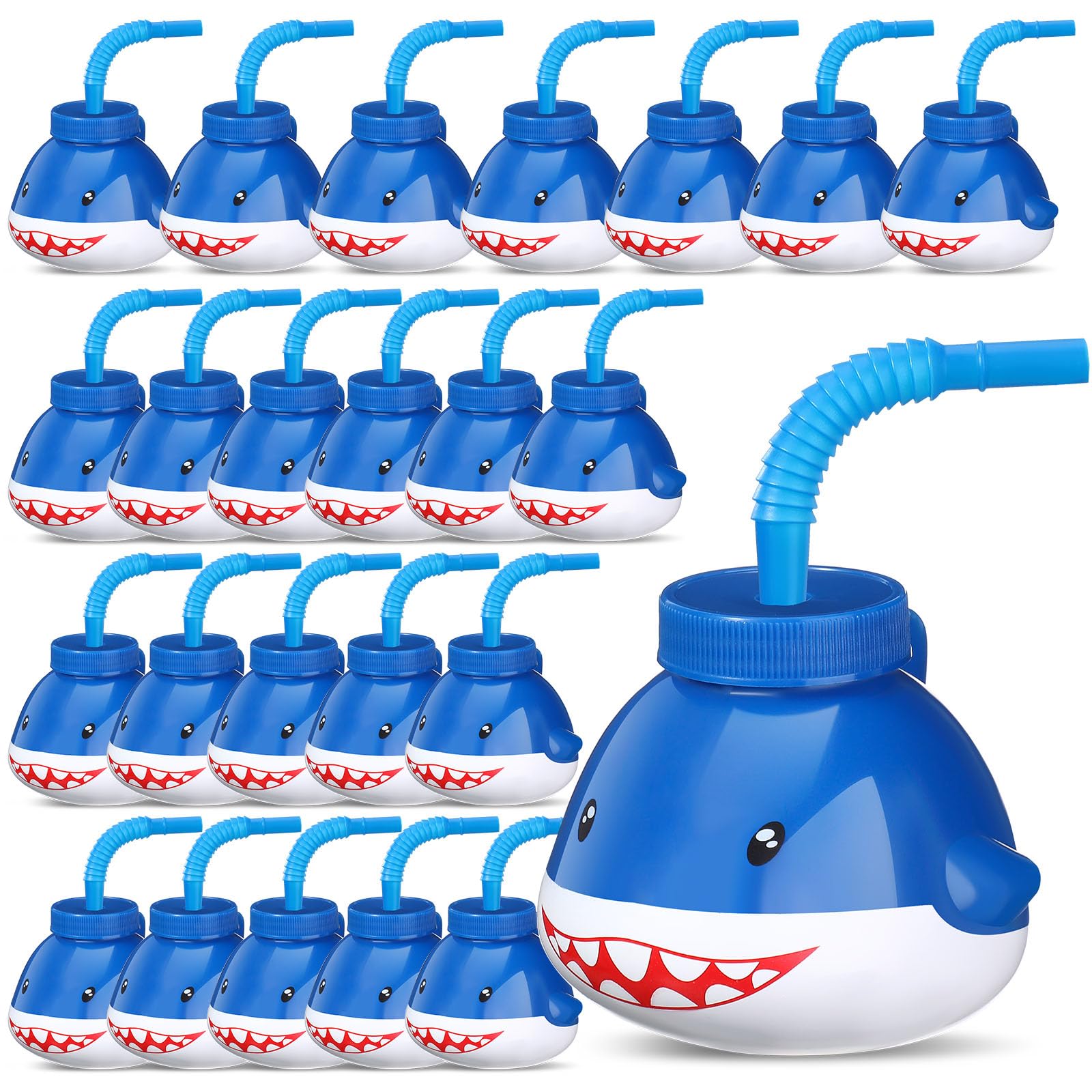 Zubebe 24 Pcs Shark Party Cups 10 oz Shark Party Decorations Plastic Drink Sippy Cups with Straws Lids Reusable Kid Birthday Favors Supplies for Boy