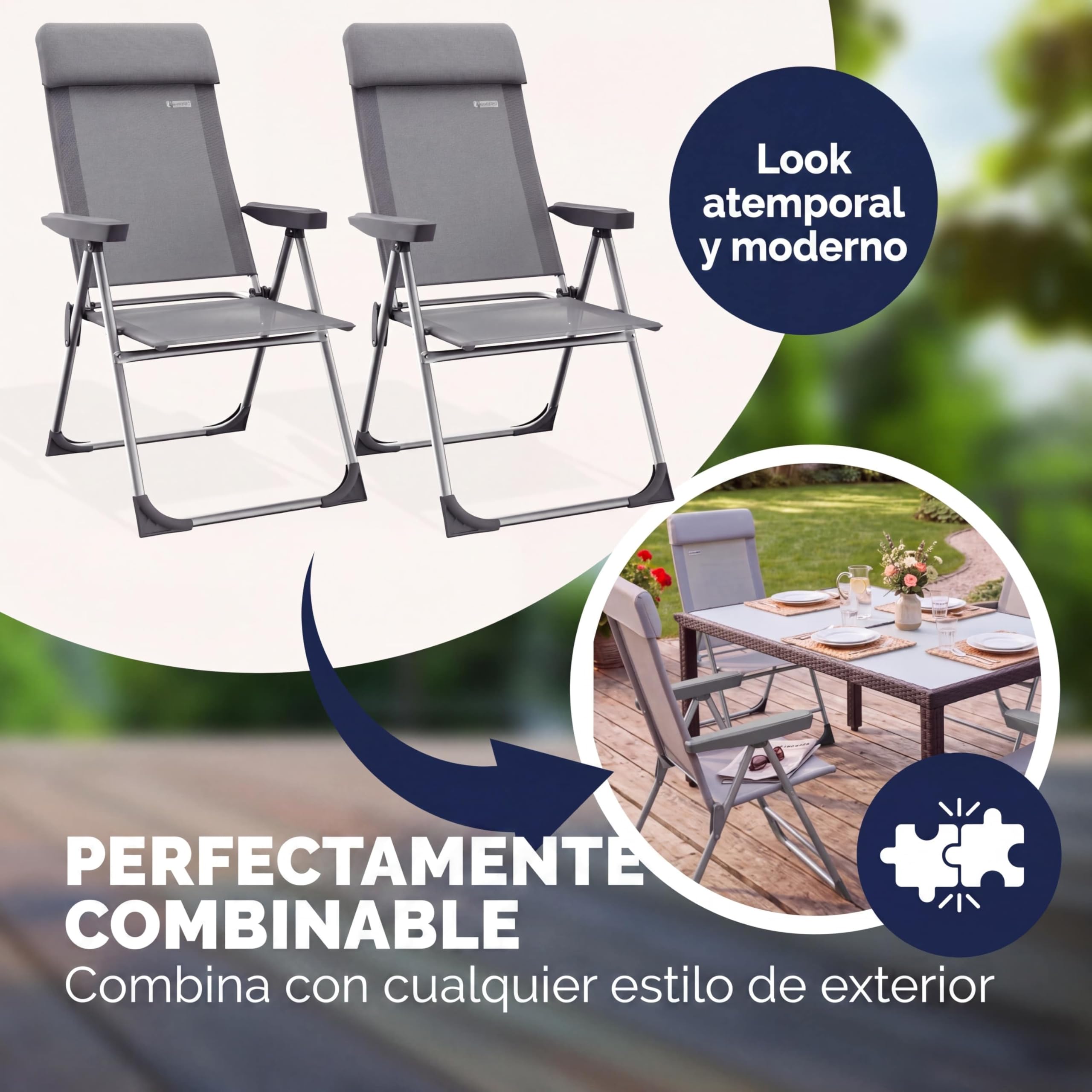 CASARIA® Sillas de Jardín Plegables Set de 2 Respaldo Alto Ajustable en 6 Posiciones Reclinable Marco Aluminio Estables Ligeras Exterior Terraza Balcón Camping