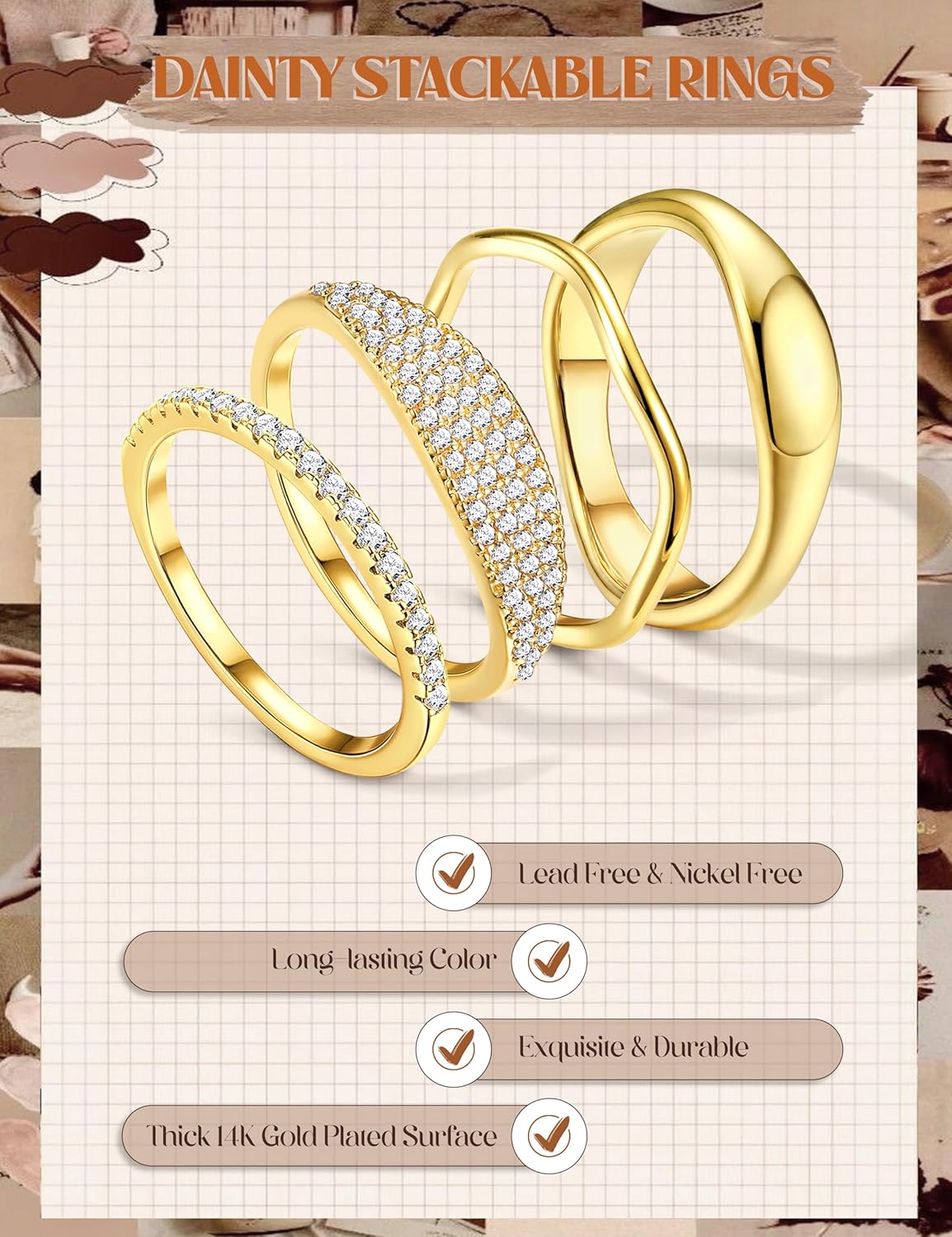 MILACOLATO 14K Gold Plated Stackable Rings for Women Non Tarnish - Dainty Half Cubic Zirconia Band Rings Thumb Rings Chunky Trendy Statement Stacking Rings Set Size 5-10 - Image 4