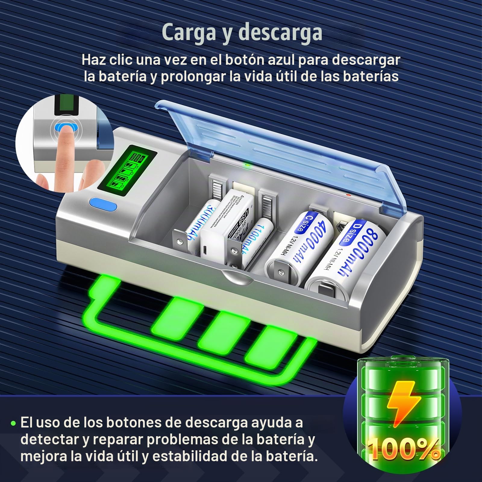 Baterías Recargables C 4000mAh con Cargador Universal LCD para AA/AAA/C/D/9V, Cargador de Baterías NIMH