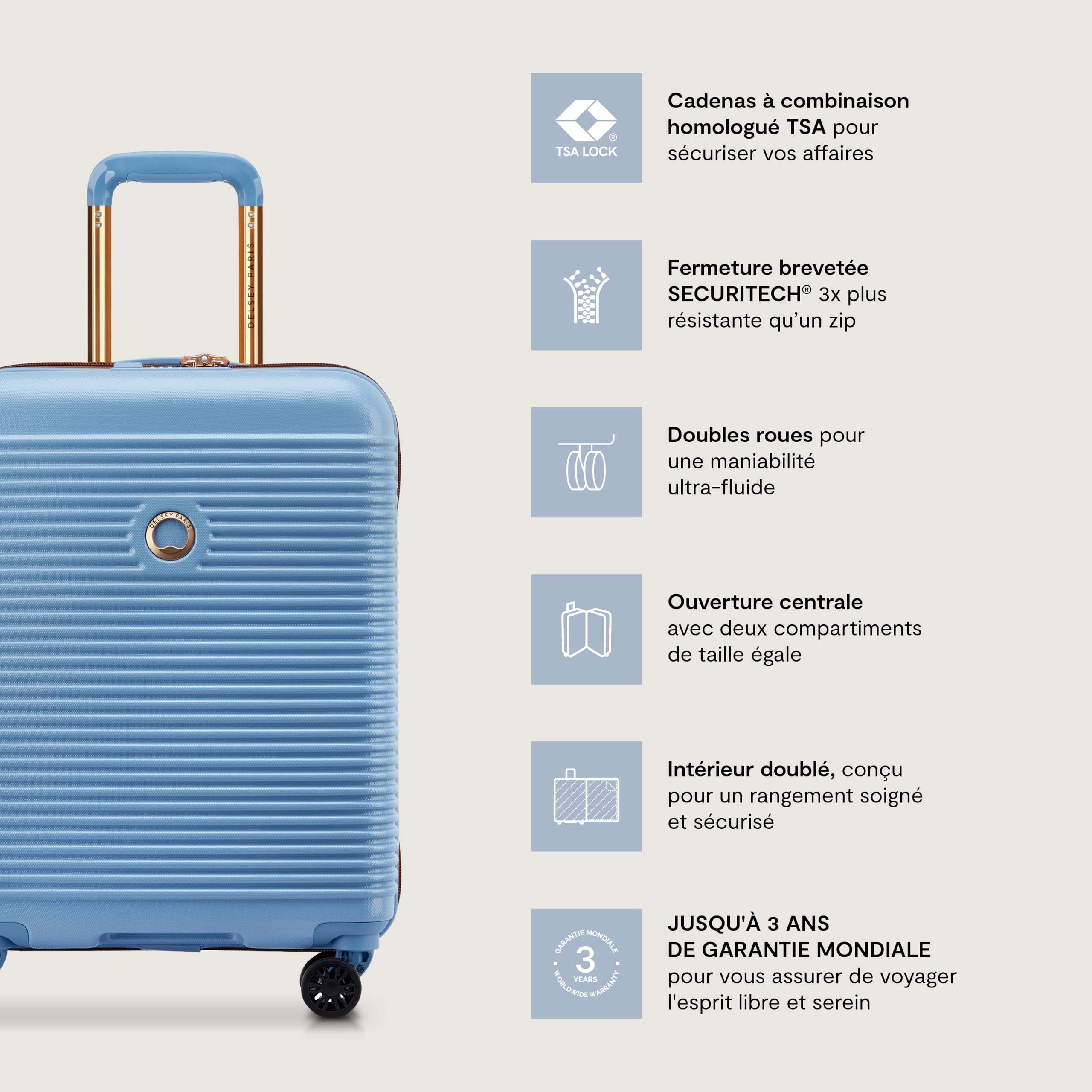 DELSEY Paris - Freestyle - Valise soute Rigide 66 cm x 44 cm x 28 cm - roulettes silencieuses - Coque légère et Solide - 70 L - L - Bleu Ciel