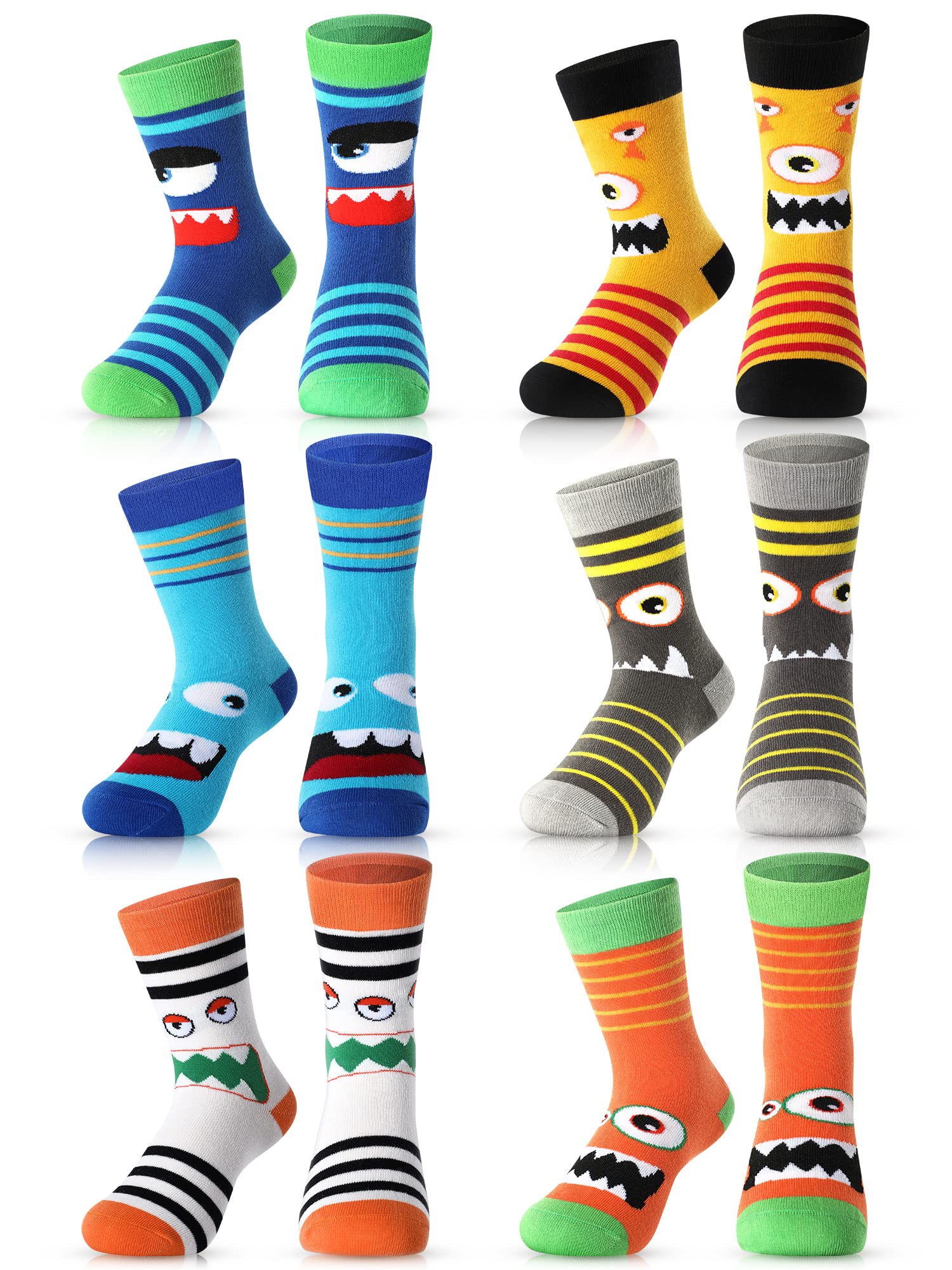 6 Pairs Boys Monster Pattern Socks Kids Toddler Funny Crazy Cotton Crew Socks Novelty Christmas Gift Party Favors