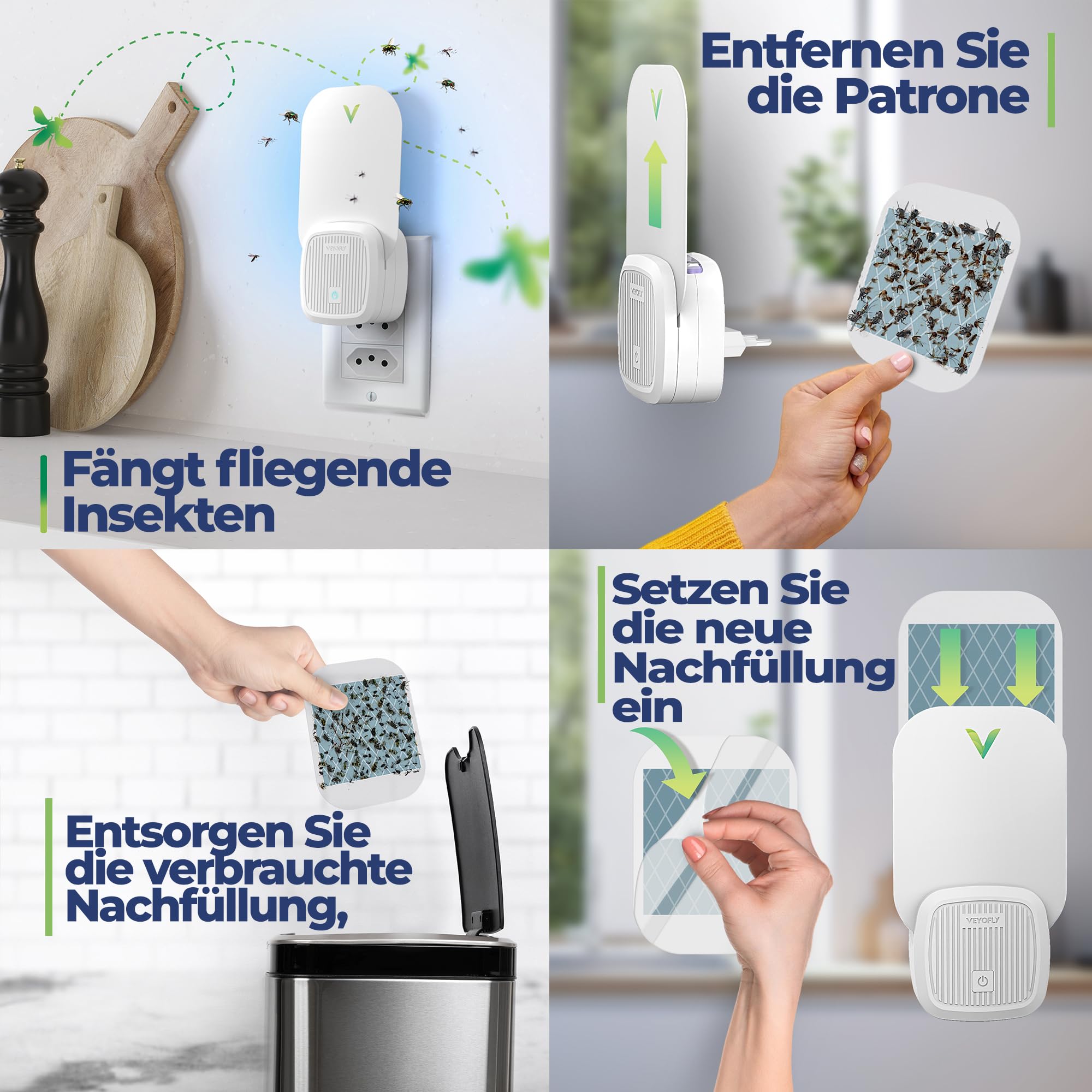 VEYOFLY Fluginsektenfalle, Insektenfänger,Innenfliegenfalle,Sichereres Zuhause,Fruchtfliegenfallen für Gnat, Motte,Moskito, Insektenlicht zum Einstecken,Insektenvernichter (2 Geräte+ 6 Klebekarten)