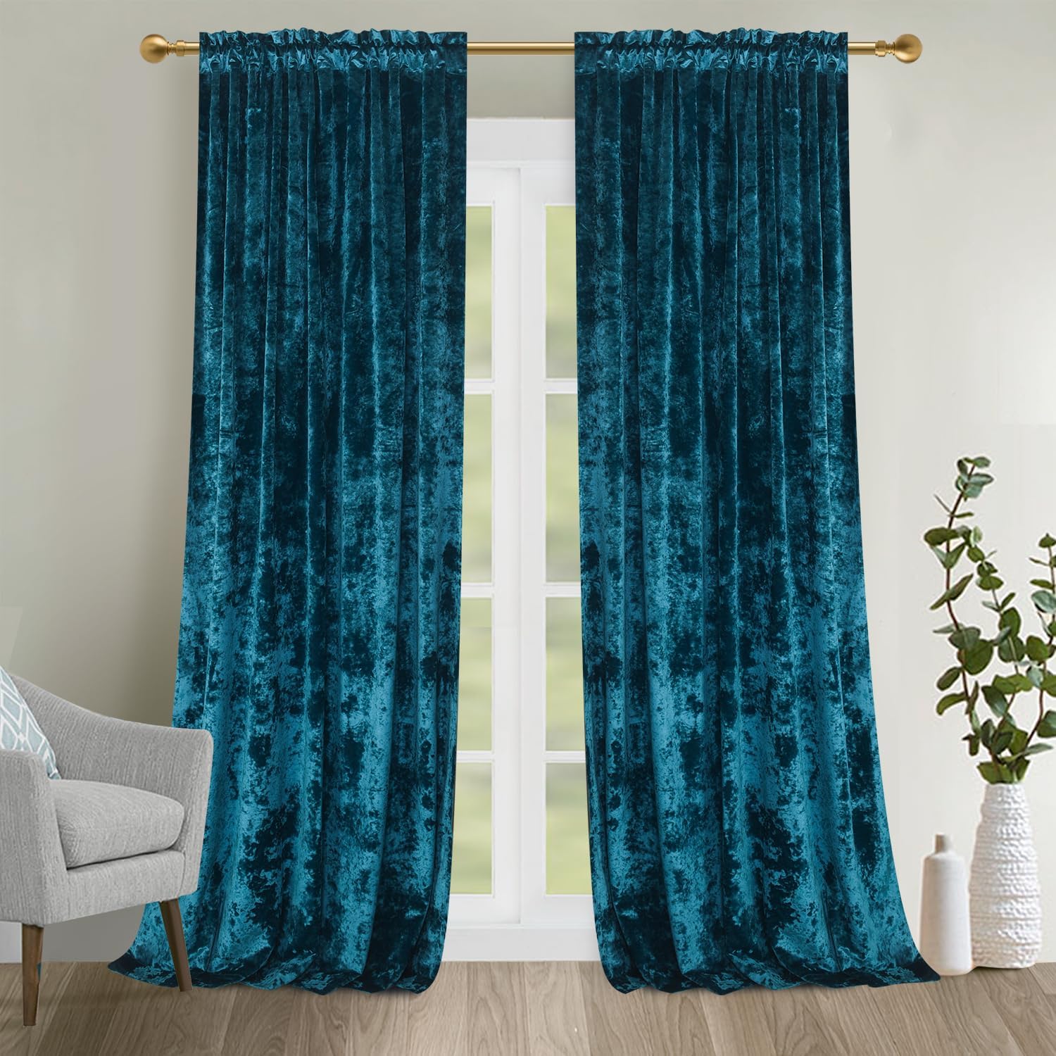 2pcs Size 52x63 Color Blue Luxury Crushed Print Peacock Velvet Curtains 63 inches Long Rod Pocket Thermal Insulated Blackout Window Drapes for Living Room/Bedroom/Dining Room, W52 x L63, 2 Pcs